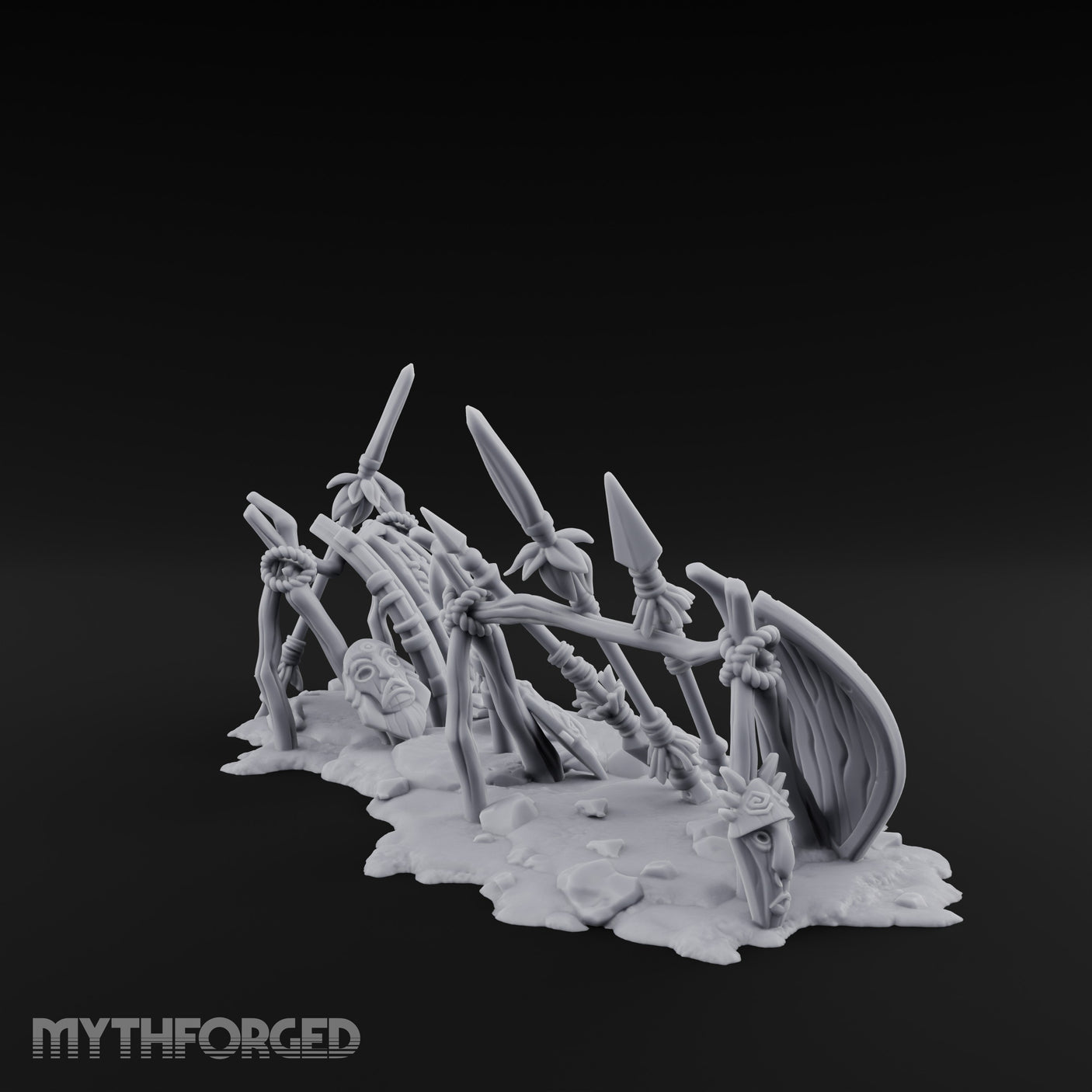Spear-Crossed Shield-Grounded Tribal Warrior Arms Scene Miniature for Dungeons and Dragons, Pathfinder or other TTRPGs