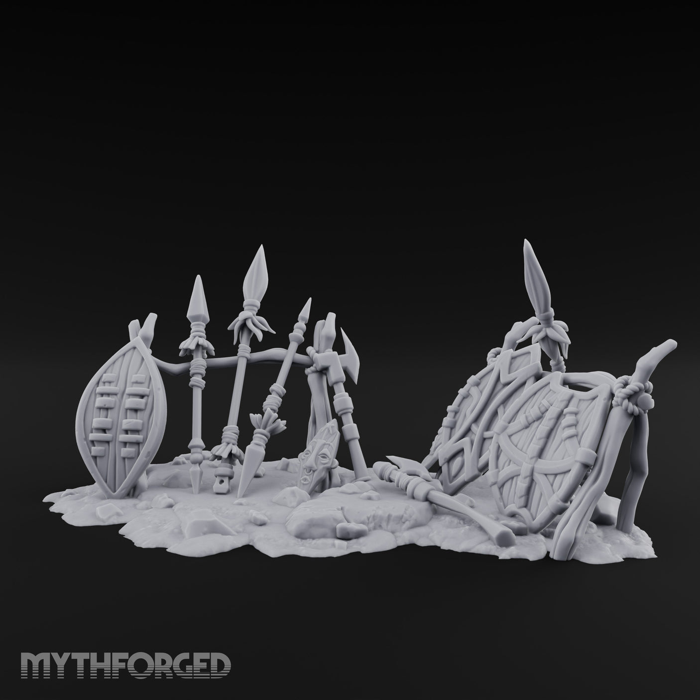 Spear-Crossed Shield-Grounded Tribal Warrior Arms Scene Miniature for Dungeons and Dragons, Pathfinder or other TTRPGs