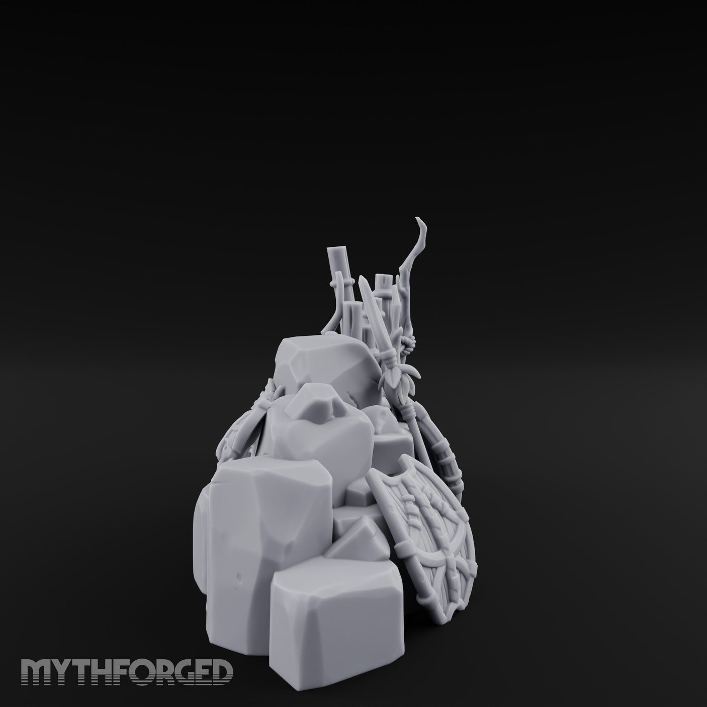 Spear-Leaned Shield-Propped Tribal Rock Barricade Scene Miniature for Dungeons and Dragons, Pathfinder or other TTRPGs