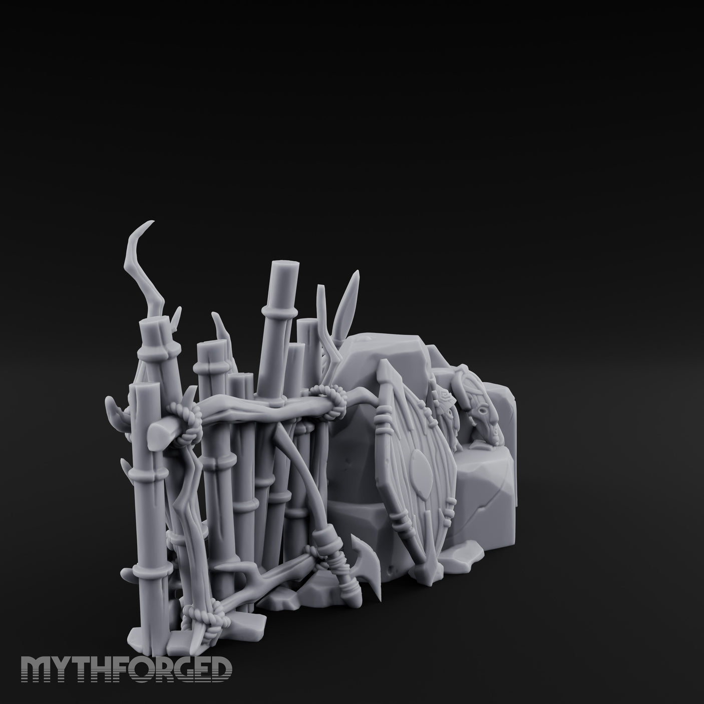 Spear-Leaned Shield-Propped Tribal Rock Barricade Scene Miniature for Dungeons and Dragons, Pathfinder or other TTRPGs