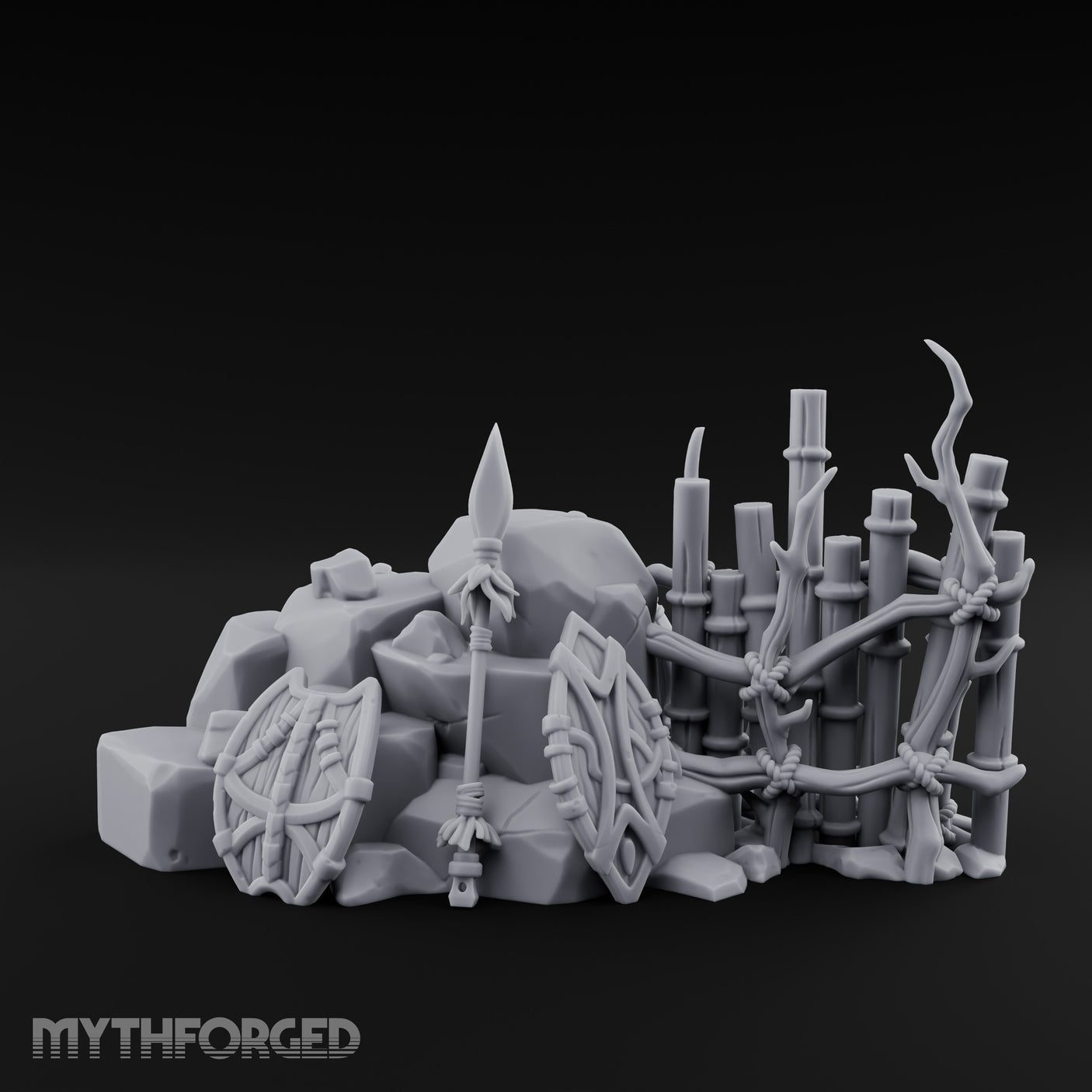 Spear-Leaned Shield-Propped Tribal Rock Barricade Scene Miniature for Dungeons and Dragons, Pathfinder or other TTRPGs
