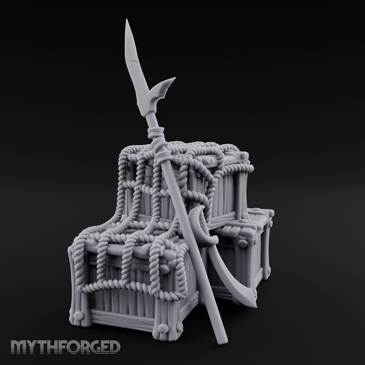 Spear-Propped Rope-Lashed Tribal Storage Crate Scene Miniature for Dungeons and Dragons, Pathfinder or other TTRPGs