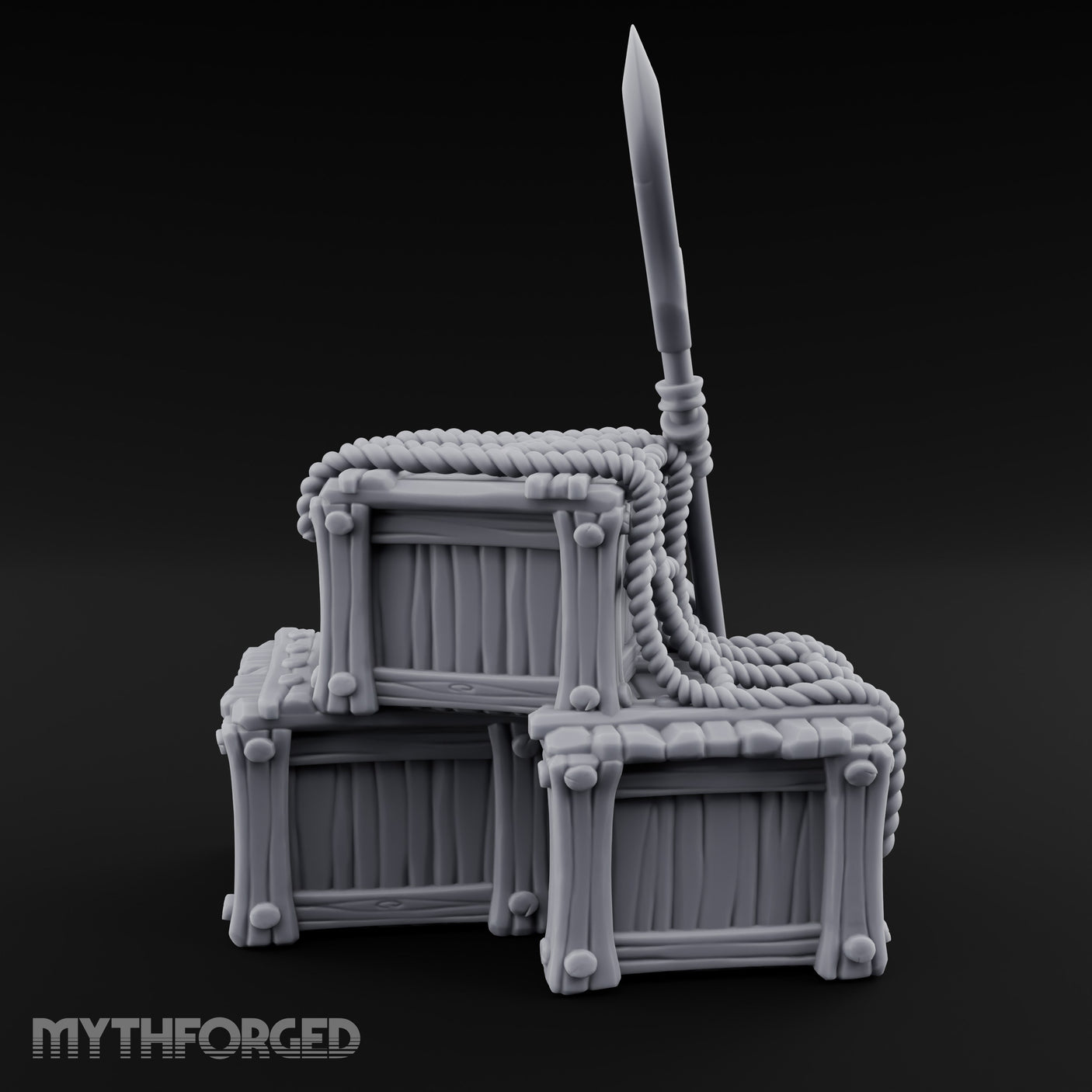 Spear-Propped Rope-Lashed Tribal Storage Crate Scene Miniature for Dungeons and Dragons, Pathfinder or other TTRPGs