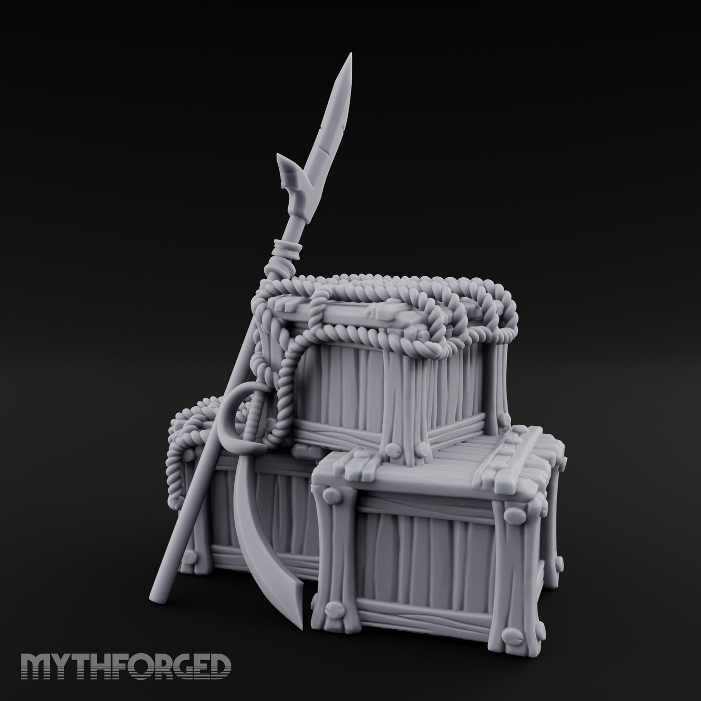 Spear-Propped Rope-Lashed Tribal Storage Crate Scene Miniature for Dungeons and Dragons, Pathfinder or other TTRPGs