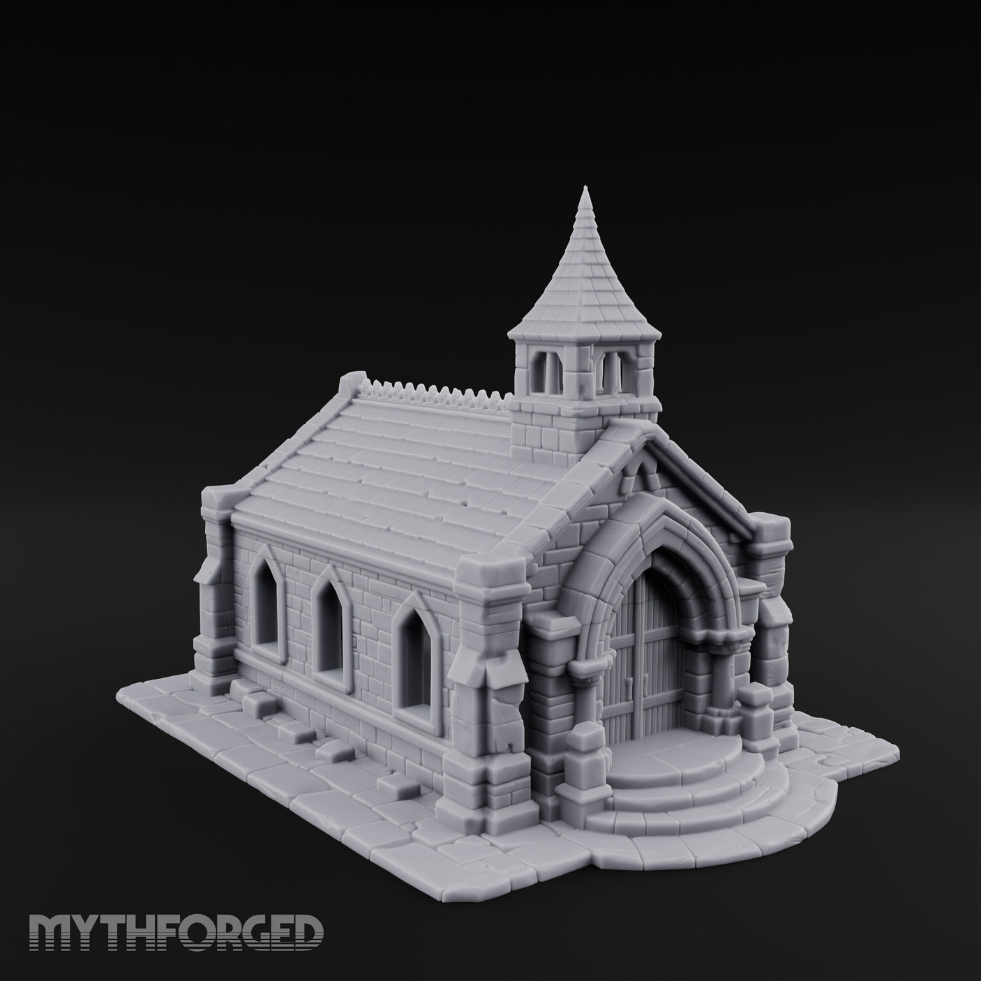Spire-Capped Arch-Doored Gothic Stone Chapel Miniature for Dungeons and Dragons, Pathfinder or other TTRPGs