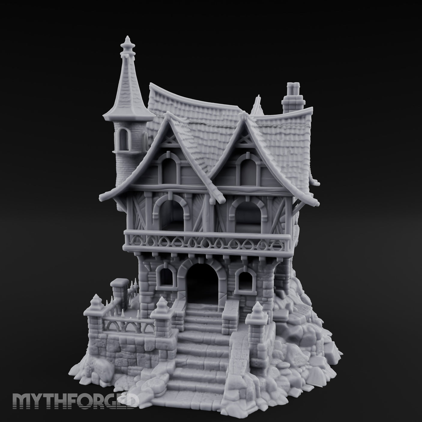 Spire-Crowned Timber-Framed Gothic Townhouse Miniature for Dungeons and Dragons, Pathfinder or other TTRPGs