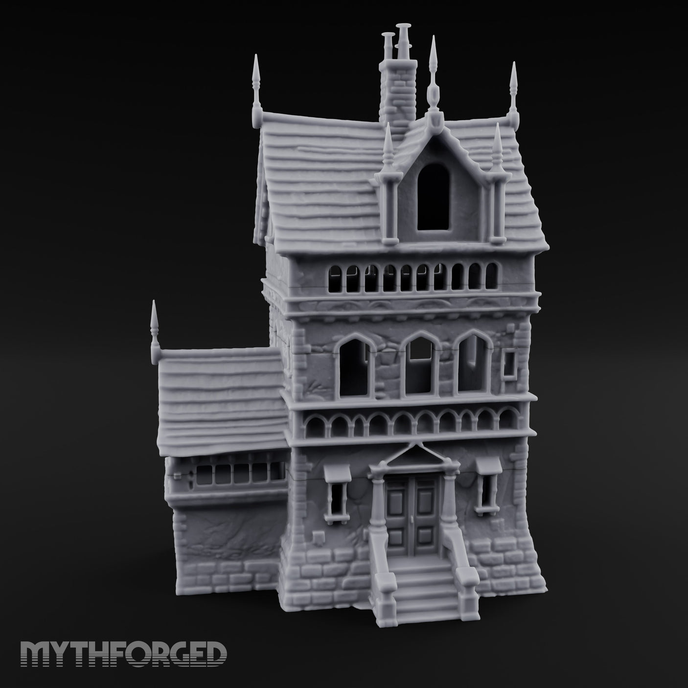 Spire-Tipped Arched-Colonnade Gothic Manor House Miniature for Dungeons and Dragons, Pathfinder or other TTRPGs