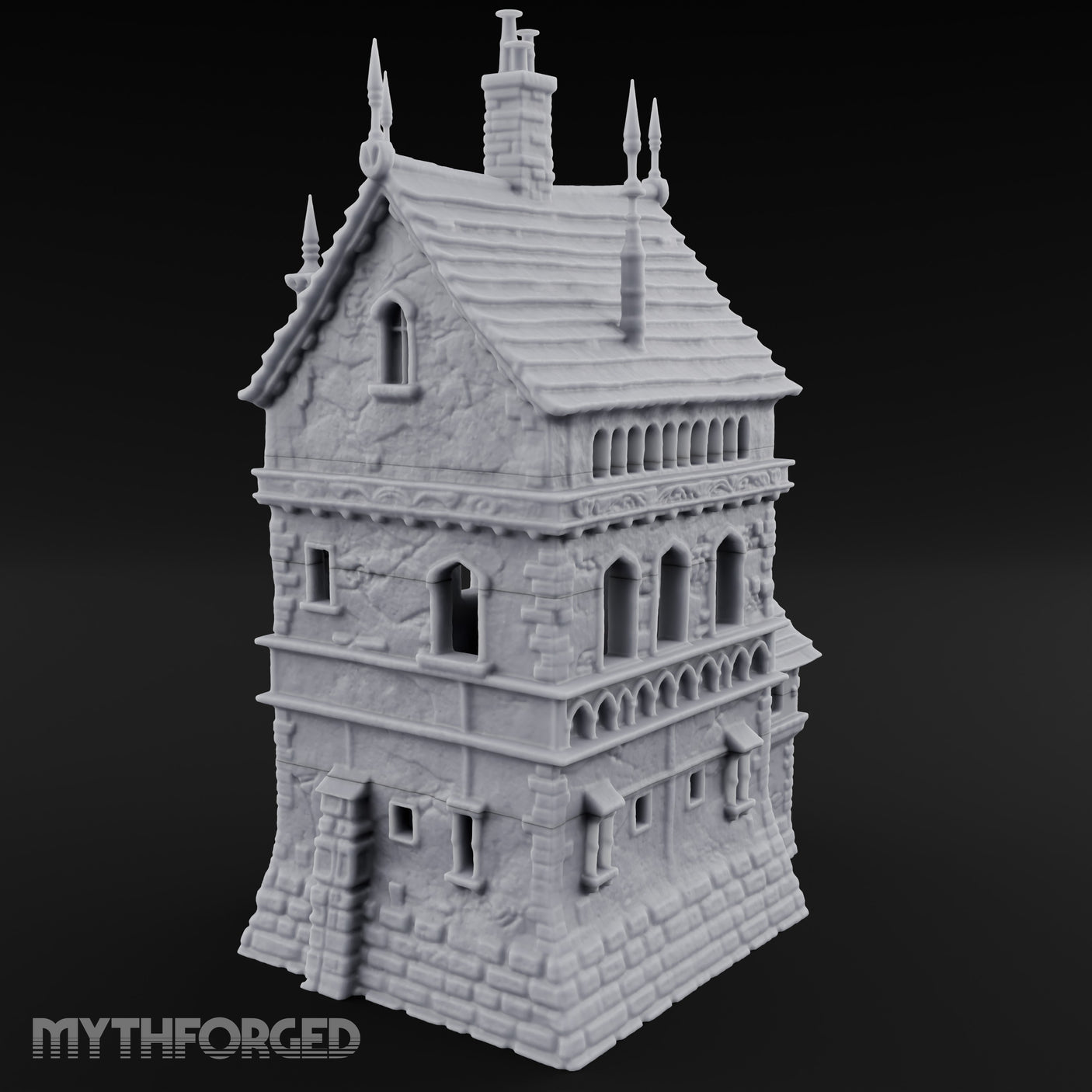 Spire-Tipped Arched-Colonnade Gothic Manor House Miniature for Dungeons and Dragons, Pathfinder or other TTRPGs