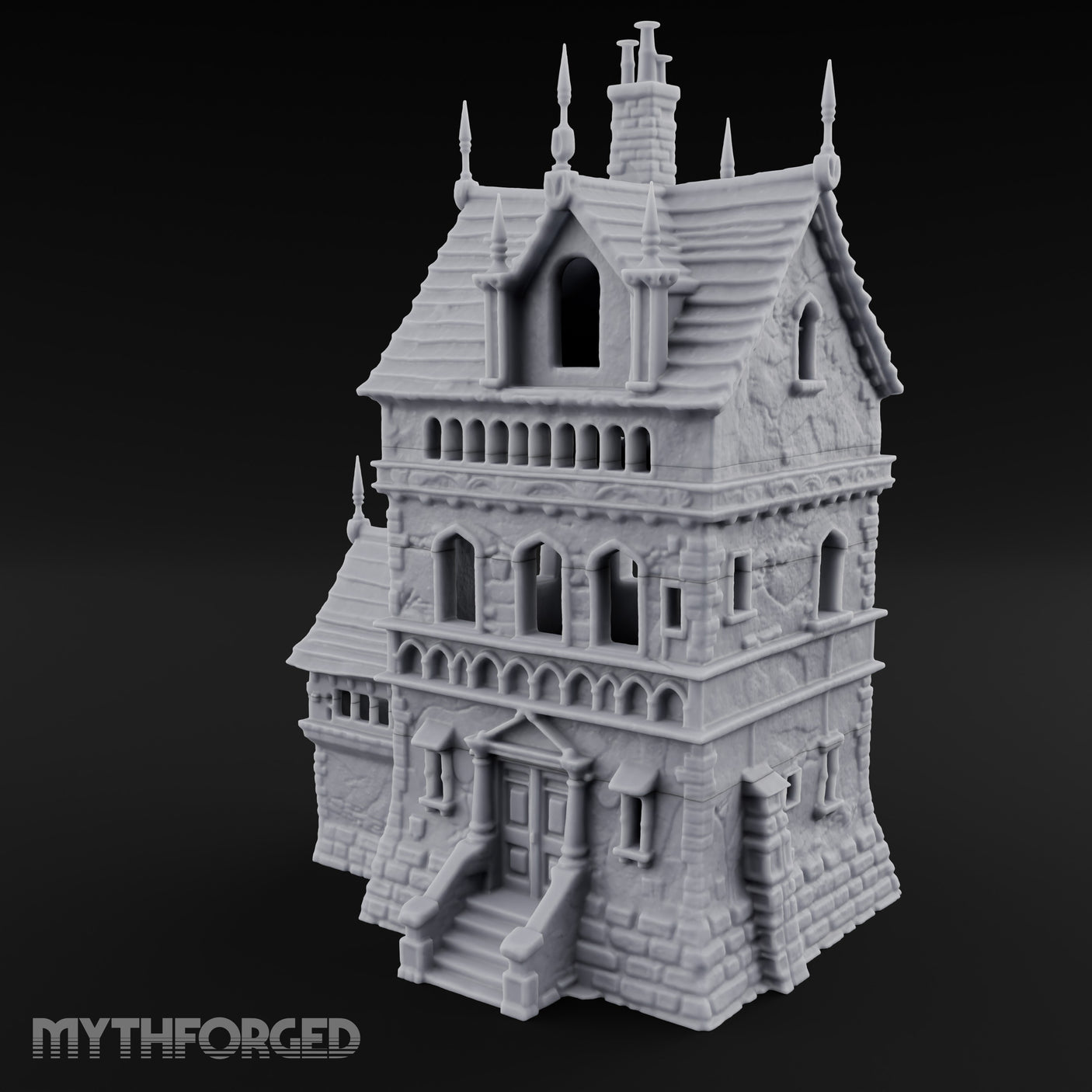 Spire-Tipped Arched-Colonnade Gothic Manor House Miniature for Dungeons and Dragons, Pathfinder or other TTRPGs