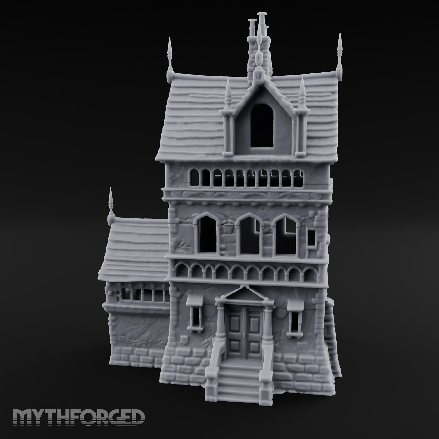 Spire-Tipped Arched-Colonnade Gothic Manor House Miniature for Dungeons and Dragons, Pathfinder or other TTRPGs