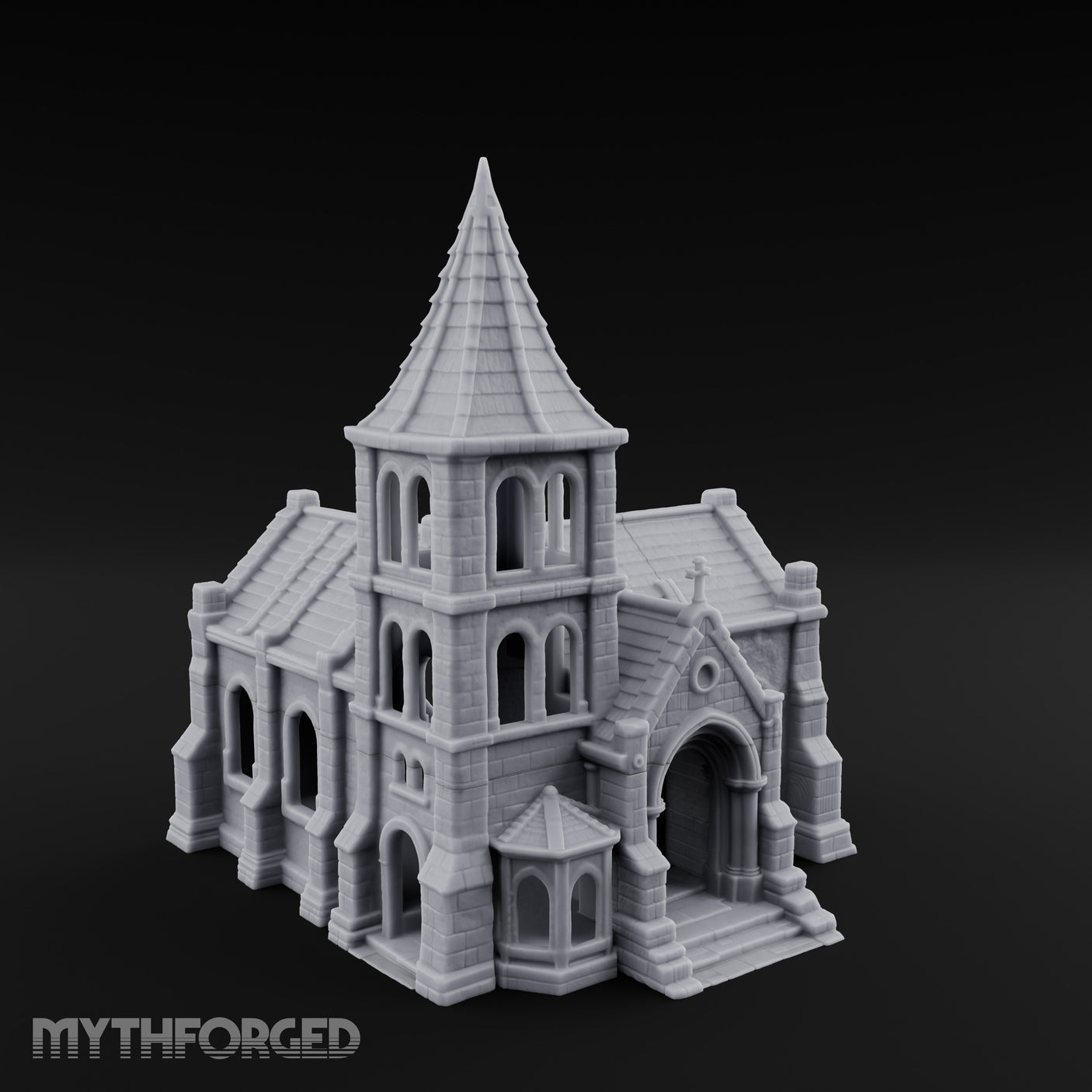 Spire-Topped Arch-Porched Gothic Stone Chapel Miniature for Dungeons and Dragons, Pathfinder or other TTRPGs