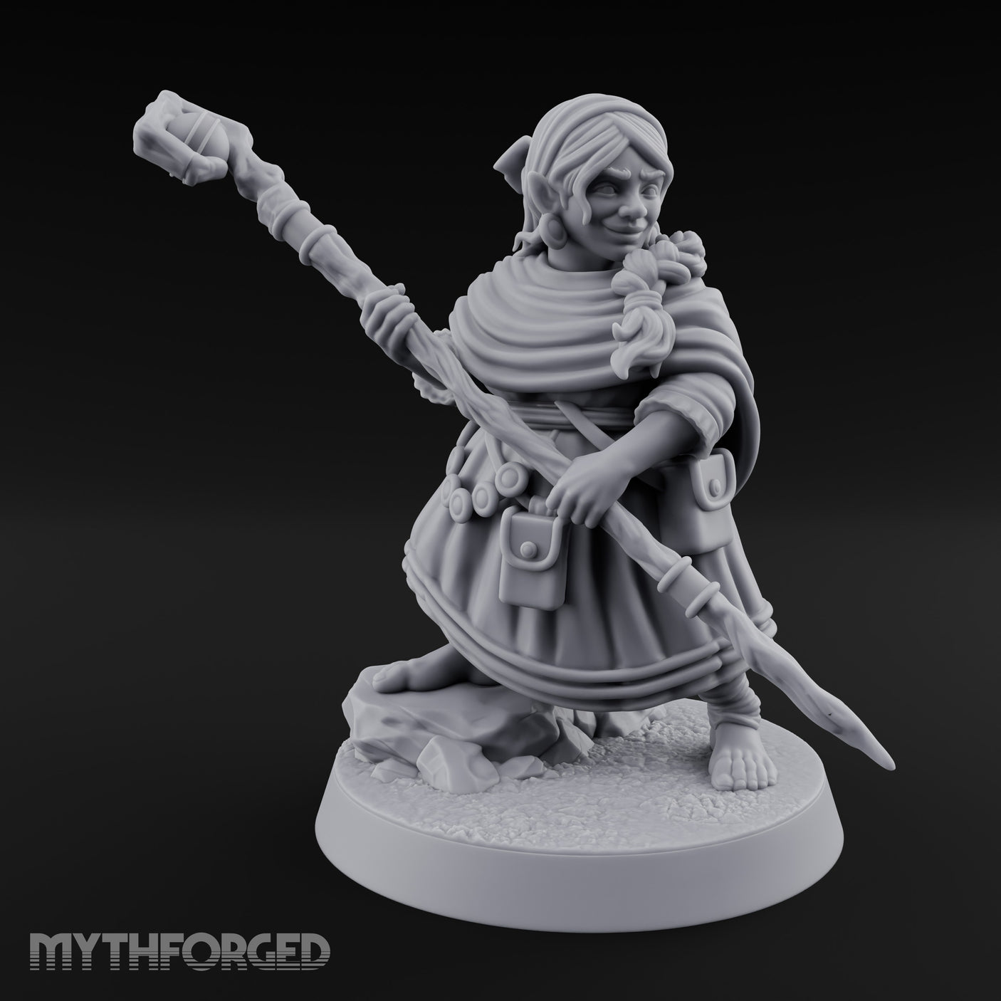 Staff Brandishing Crouching Halfling Empath Miniature for Dungeons and Dragons, Pathfinder or other TTRPGs