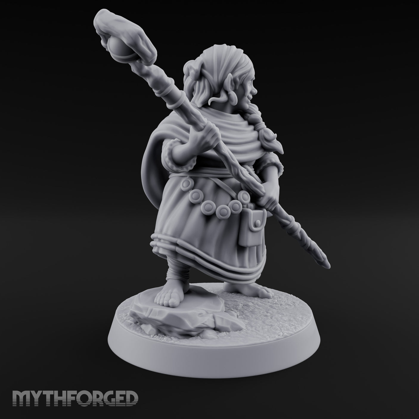 Staff Brandishing Crouching Halfling Empath Miniature for Dungeons and Dragons, Pathfinder or other TTRPGs