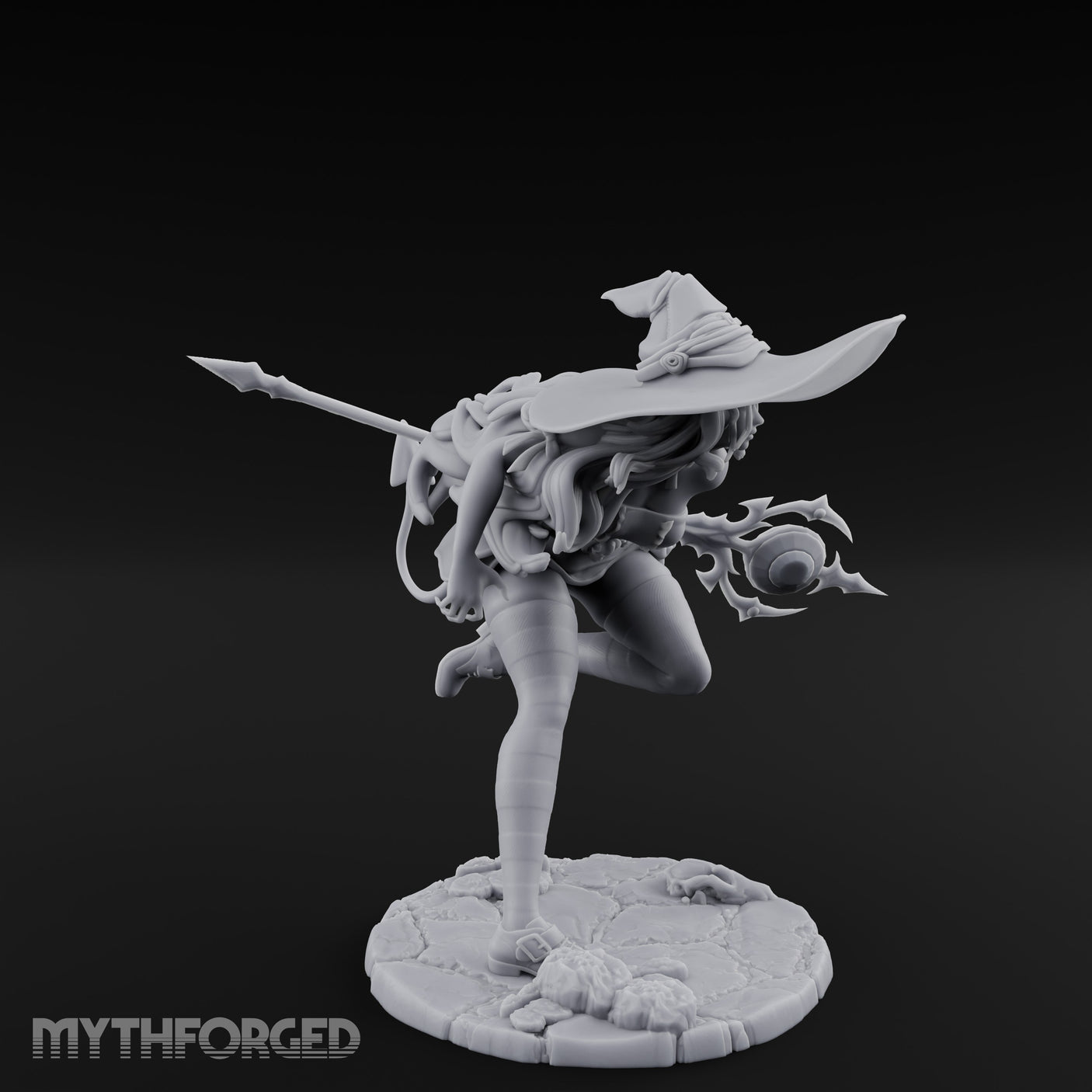 Staff Lunging Hat Tilted Human Witch Miniature for Dungeons and Dragons, Pathfinder or other TTRPGs