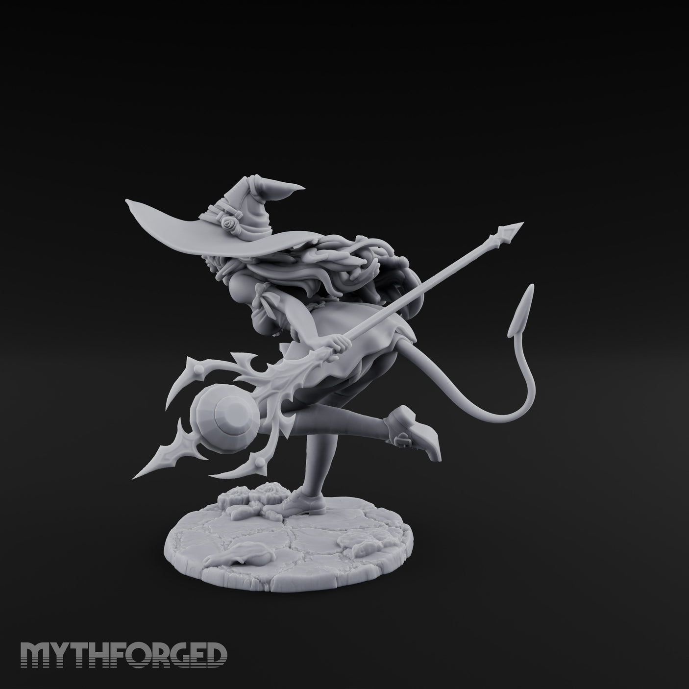 Staff Lunging Hat Tilted Human Witch Miniature for Dungeons and Dragons, Pathfinder or other TTRPGs