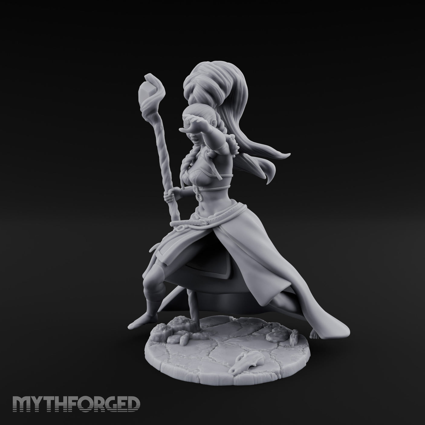 Staff Raised Hand Casting Human Sorceress Miniature for Dungeons and Dragons, Pathfinder or other TTRPGs