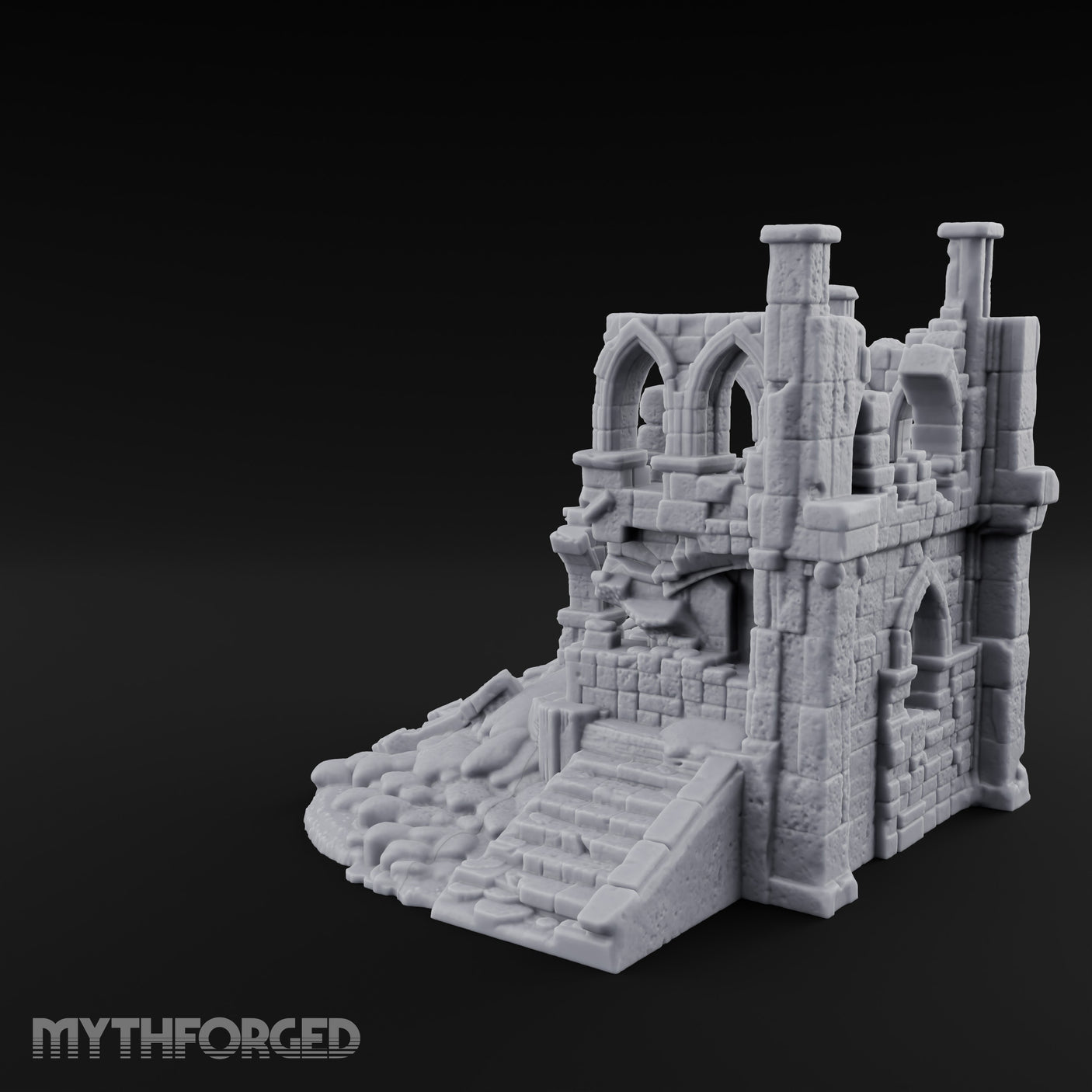 Stair-Fronted Pillar-Snapped Gothic Hall Ruins Miniature for Dungeons and Dragons, Pathfinder or other TTRPGs