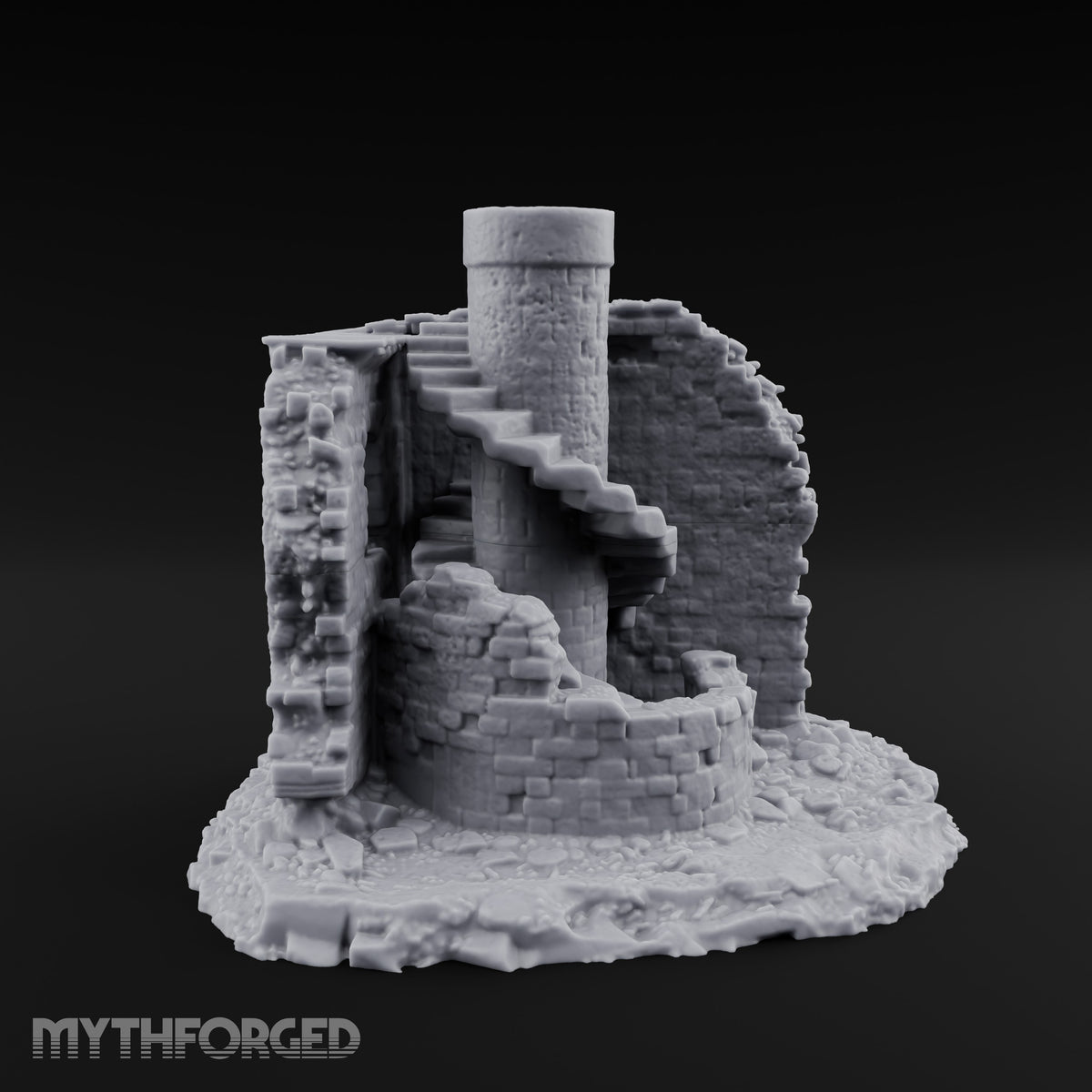 Stair-Wrapped Debris-Scattered Round Tower Ruins Miniature for Dungeons and Dragons, Pathfinder or other TTRPGs