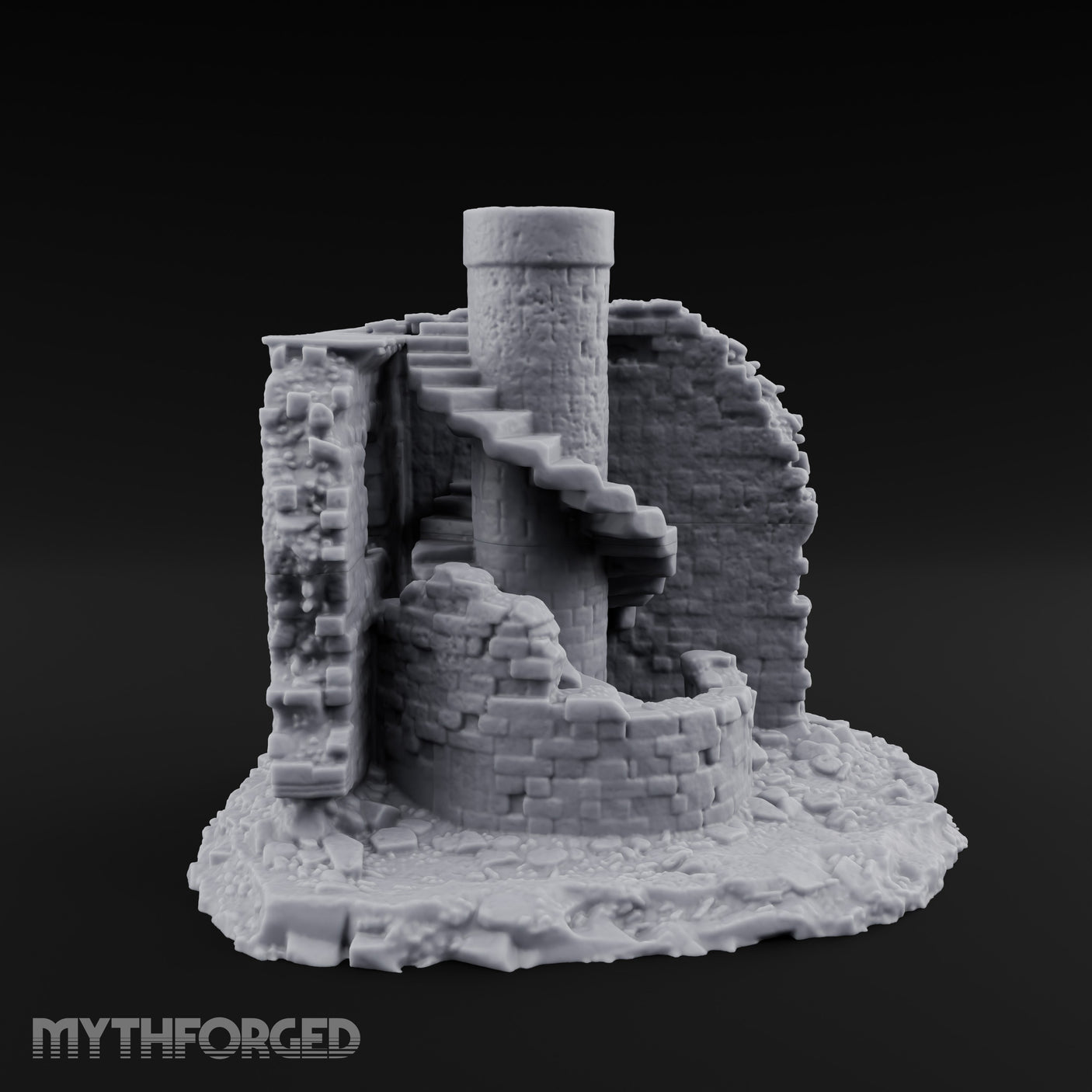 Stair-Wrapped Debris-Scattered Round Tower Ruins Miniature for Dungeons and Dragons, Pathfinder or other TTRPGs