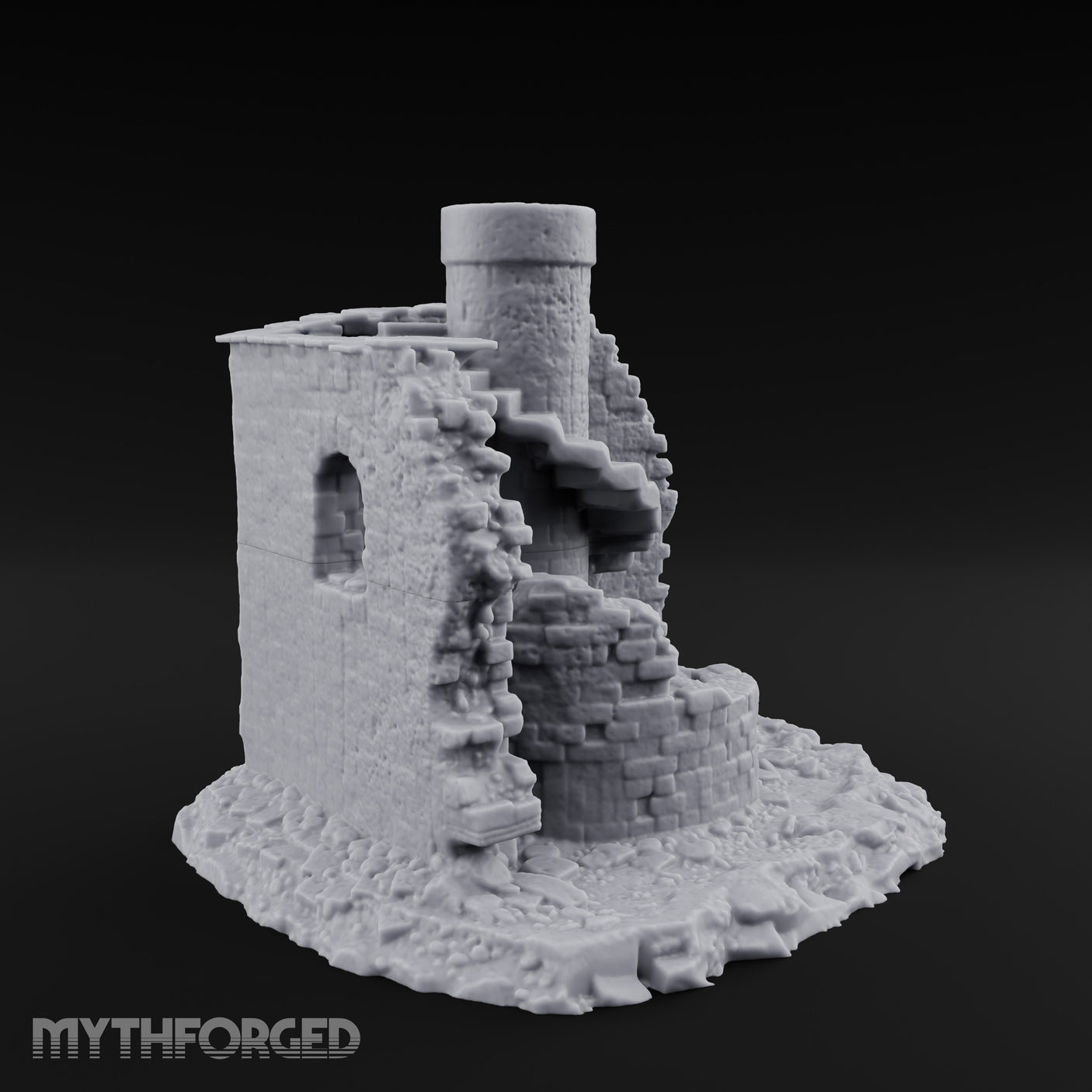 Stair-Wrapped Debris-Scattered Round Tower Ruins Miniature for Dungeons and Dragons, Pathfinder or other TTRPGs