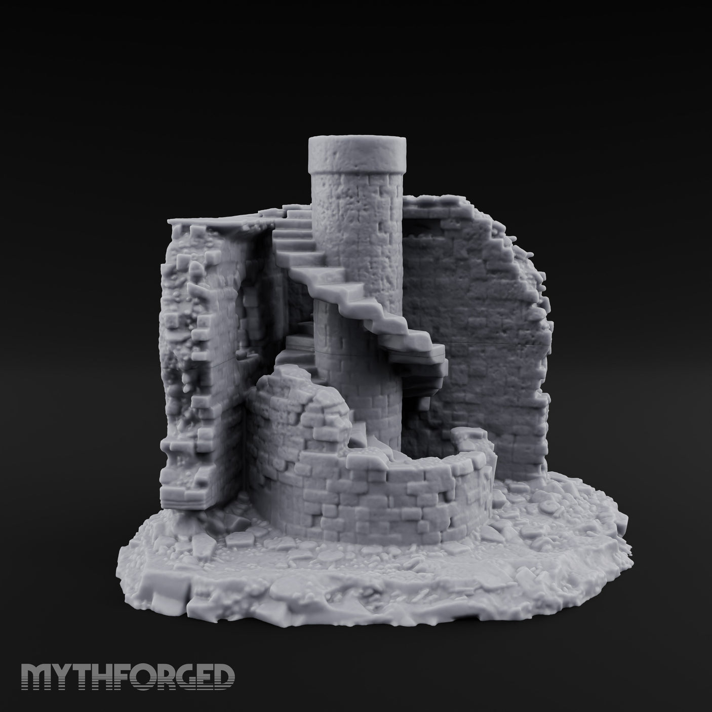 Stair-Wrapped Debris-Scattered Round Tower Ruins Miniature for Dungeons and Dragons, Pathfinder or other TTRPGs