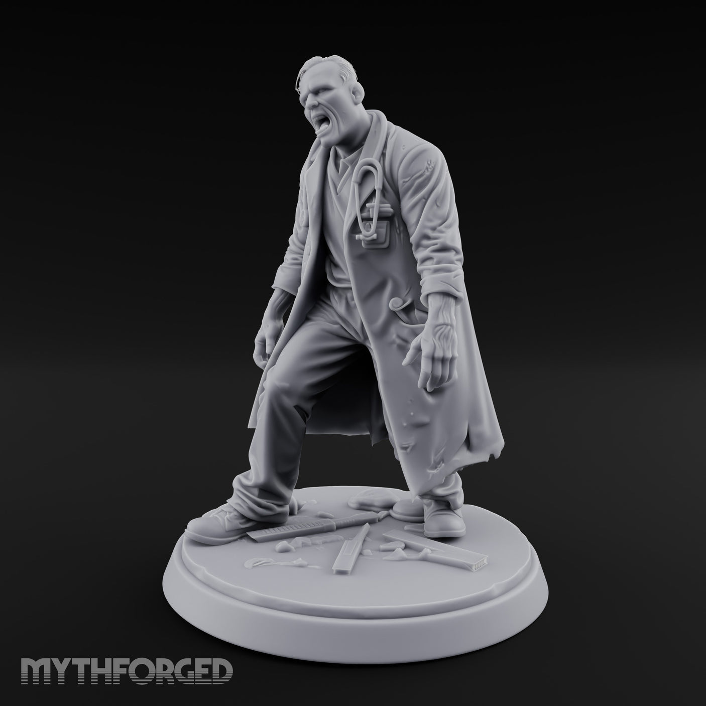 Stethoscope Wearing Snarling Zombie Doctor Miniature for Dungeons and Dragons, Pathfinder or other TTRPGs