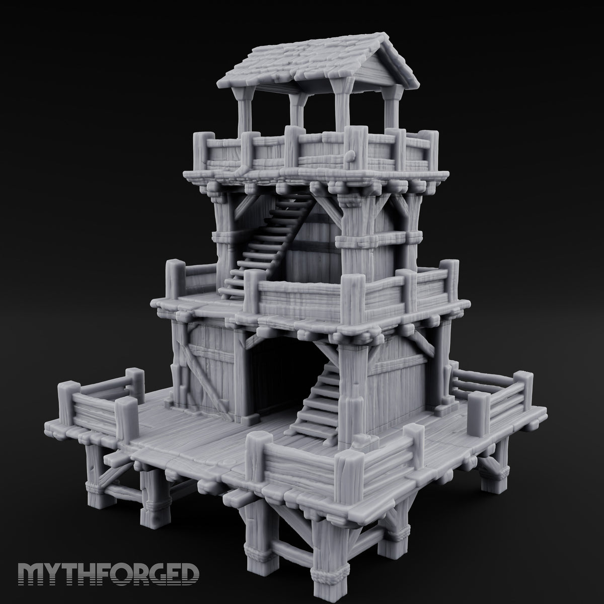 Stilt-Raised Deck-Wrapped Wooden Watchtower Miniature for Dungeons and Dragons, Pathfinder or other TTRPGs