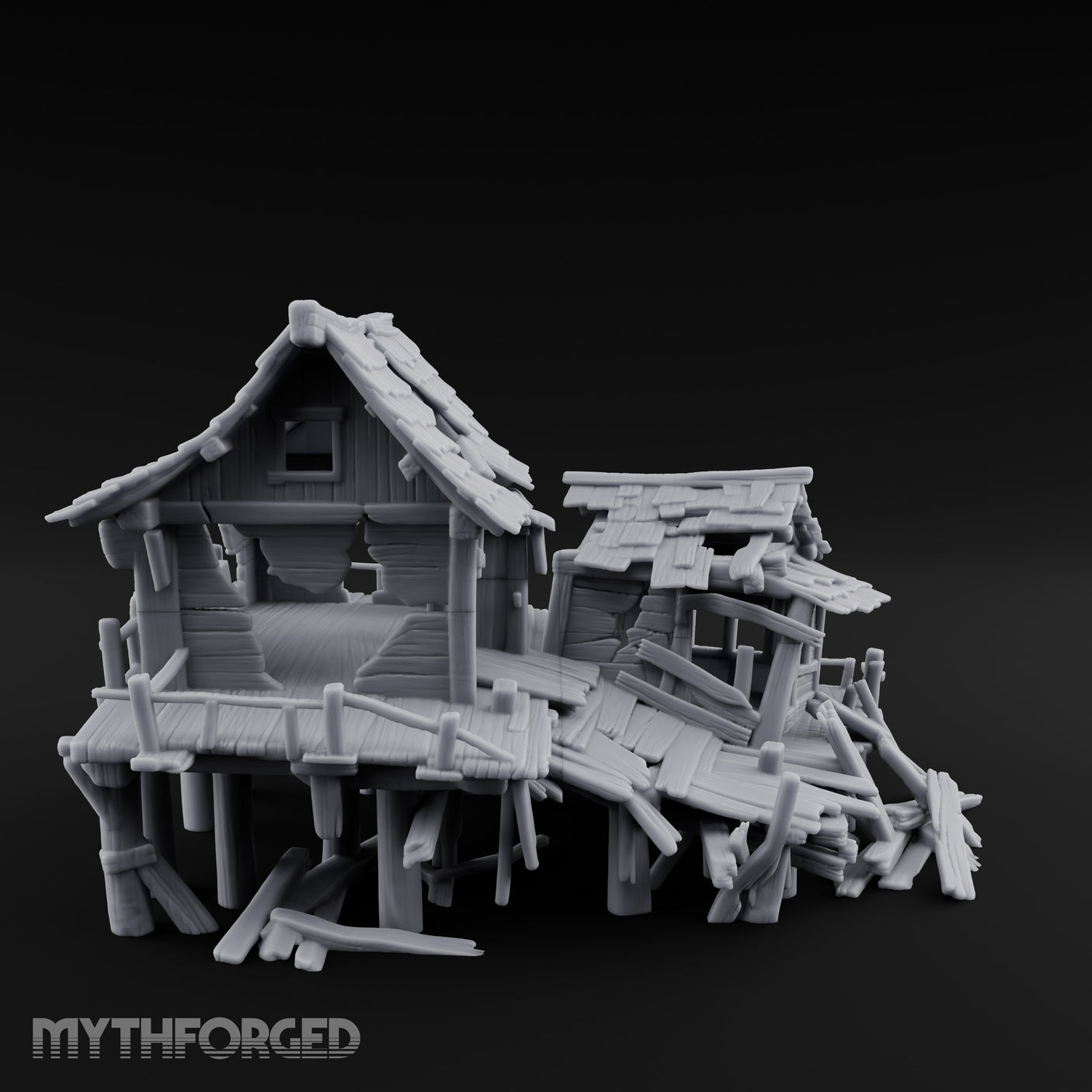 Stilt-Raised Plank-Collapsed Swamp Stilt Huts Miniature for Dungeons and Dragons, Pathfinder or other TTRPGs