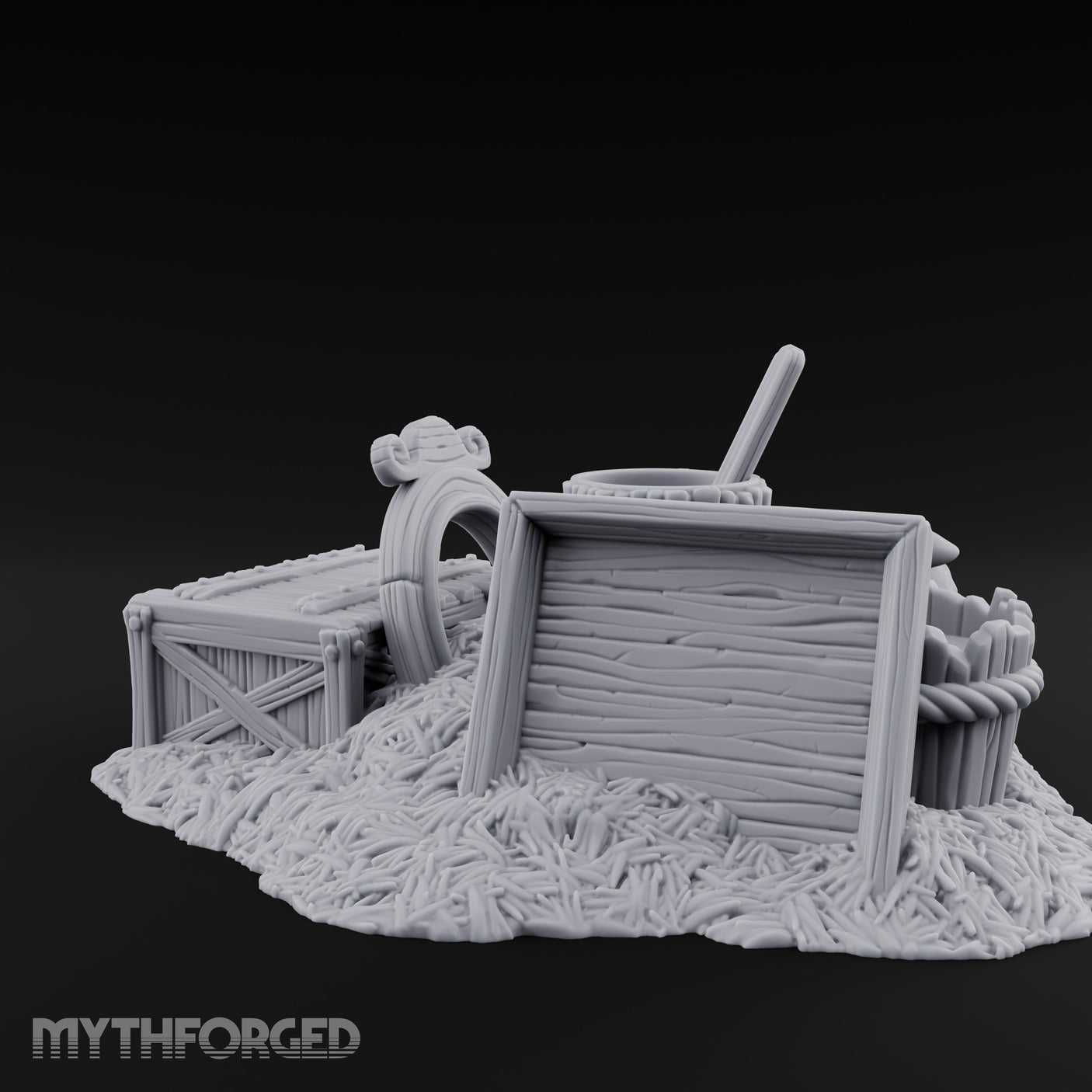 Straw-Spilled Wicker-Woven Pig Pen Crate Scene Miniature for Dungeons and Dragons, Pathfinder or other TTRPGs