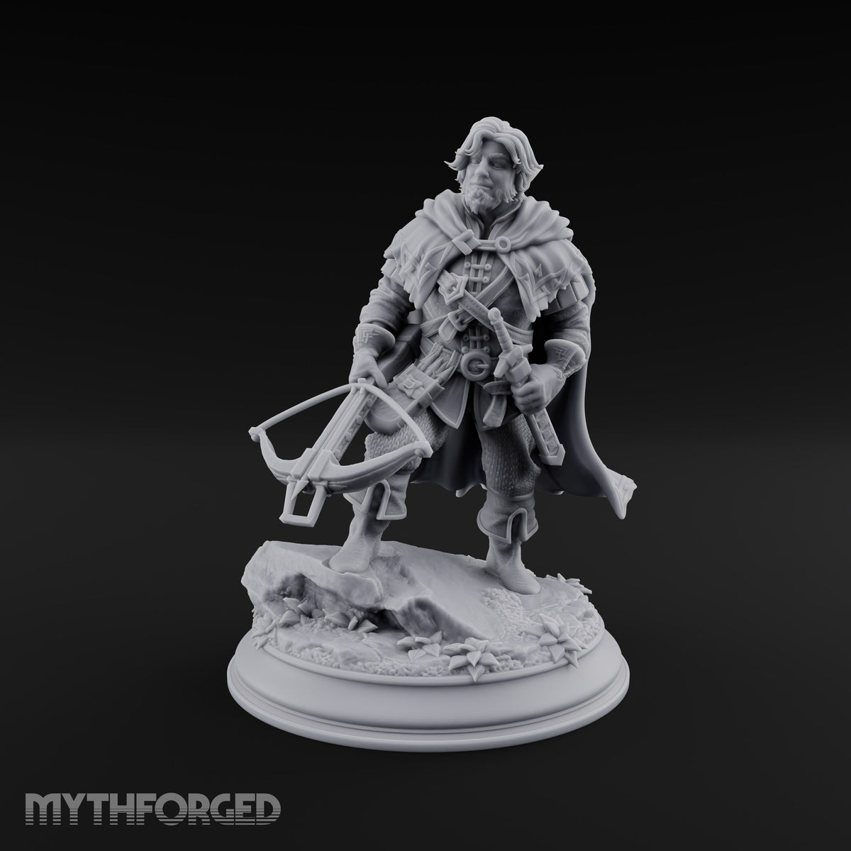 Small Game Hunter Halfling Ranger with Crossbow and Sword on Rocky Base