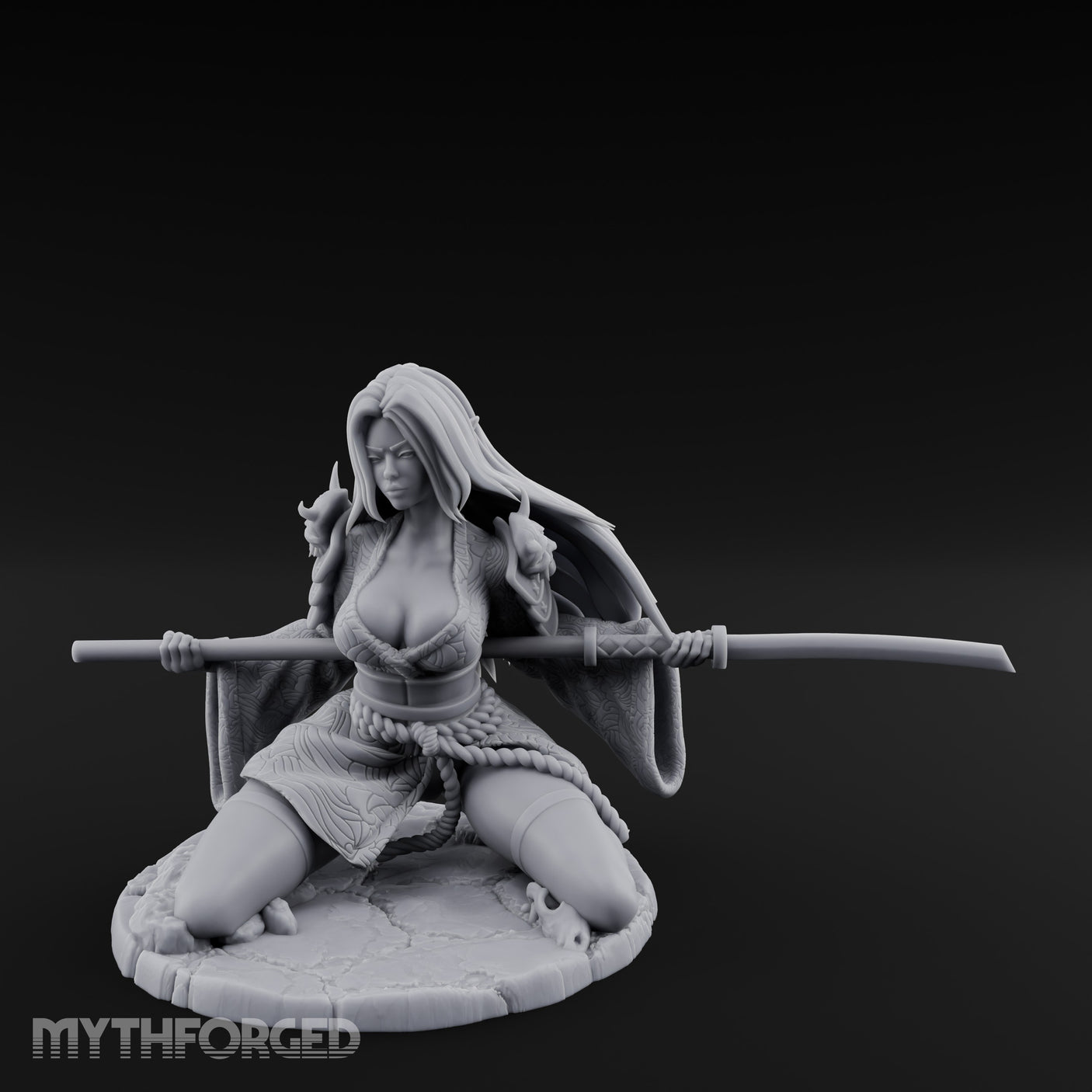 Sweeping Kneeling Human Samurai Miniature for Dungeons and Dragons, Pathfinder or other TTRPGs
