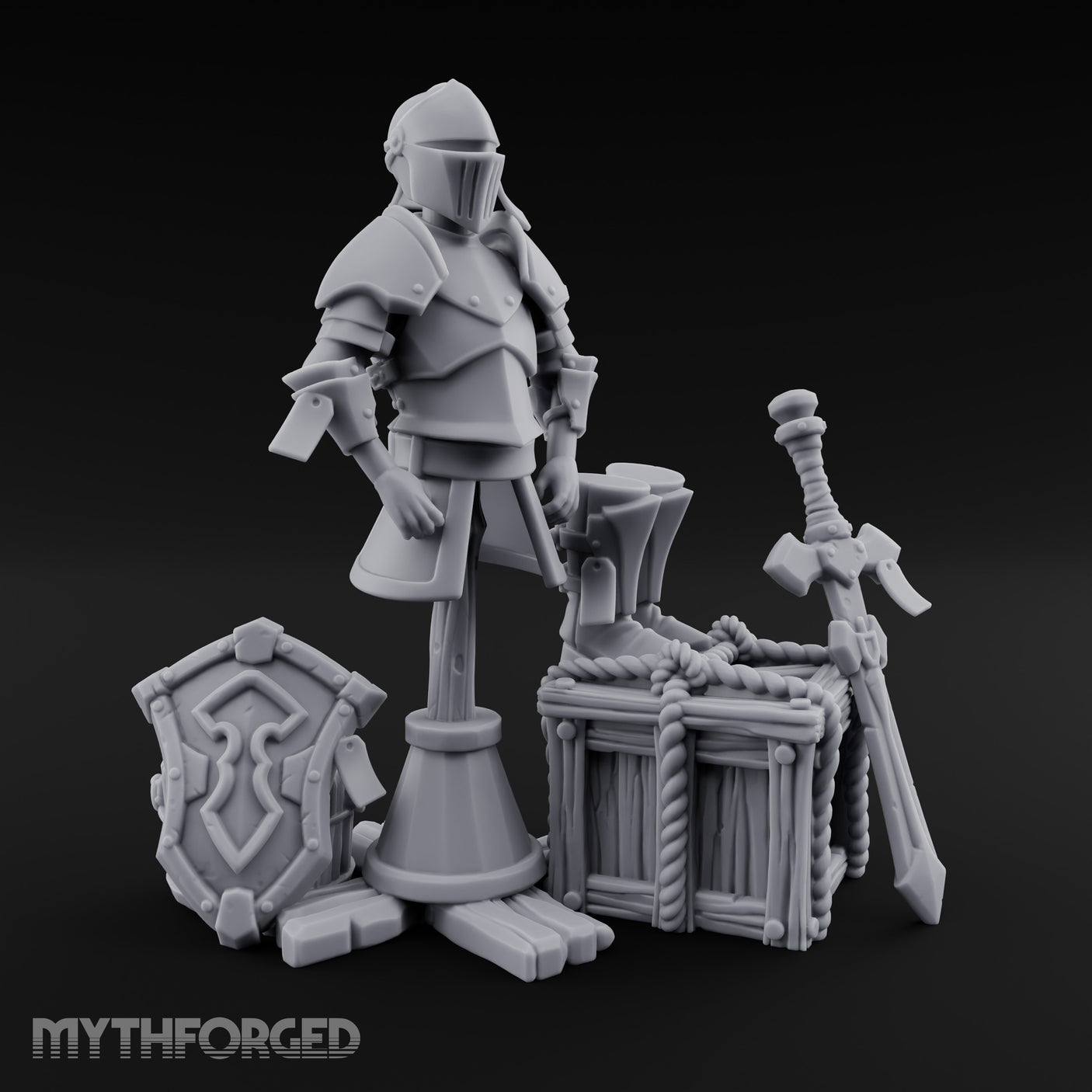 Sword-Leaned Rope-Bound Knight's Armour Stand Scene Miniature for Dungeons and Dragons, Pathfinder or other TTRPGs