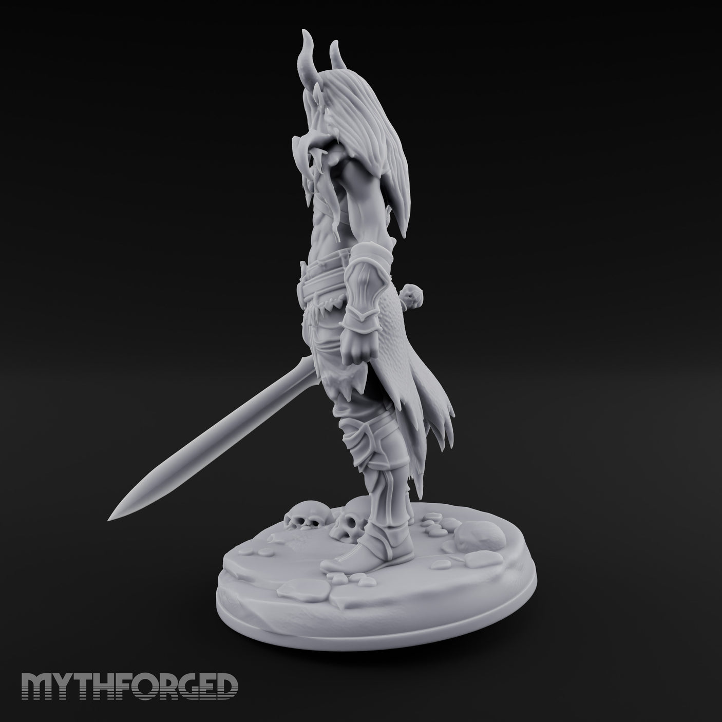 Sword Lowered Skulls Underfoot Demon Warrior Miniature for Dungeons and Dragons, Pathfinder or other TTRPGs