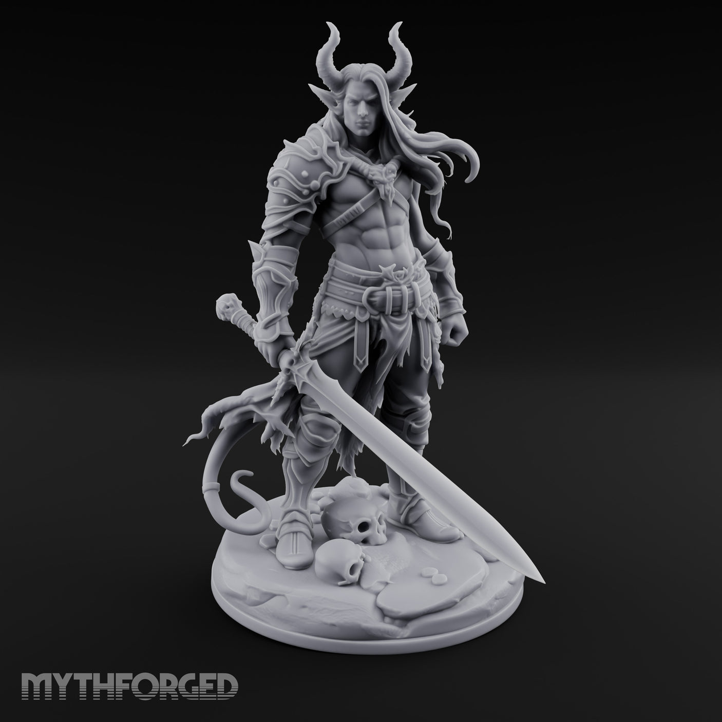 Sword Lowered Skulls Underfoot Demon Warrior Miniature for Dungeons and Dragons, Pathfinder or other TTRPGs
