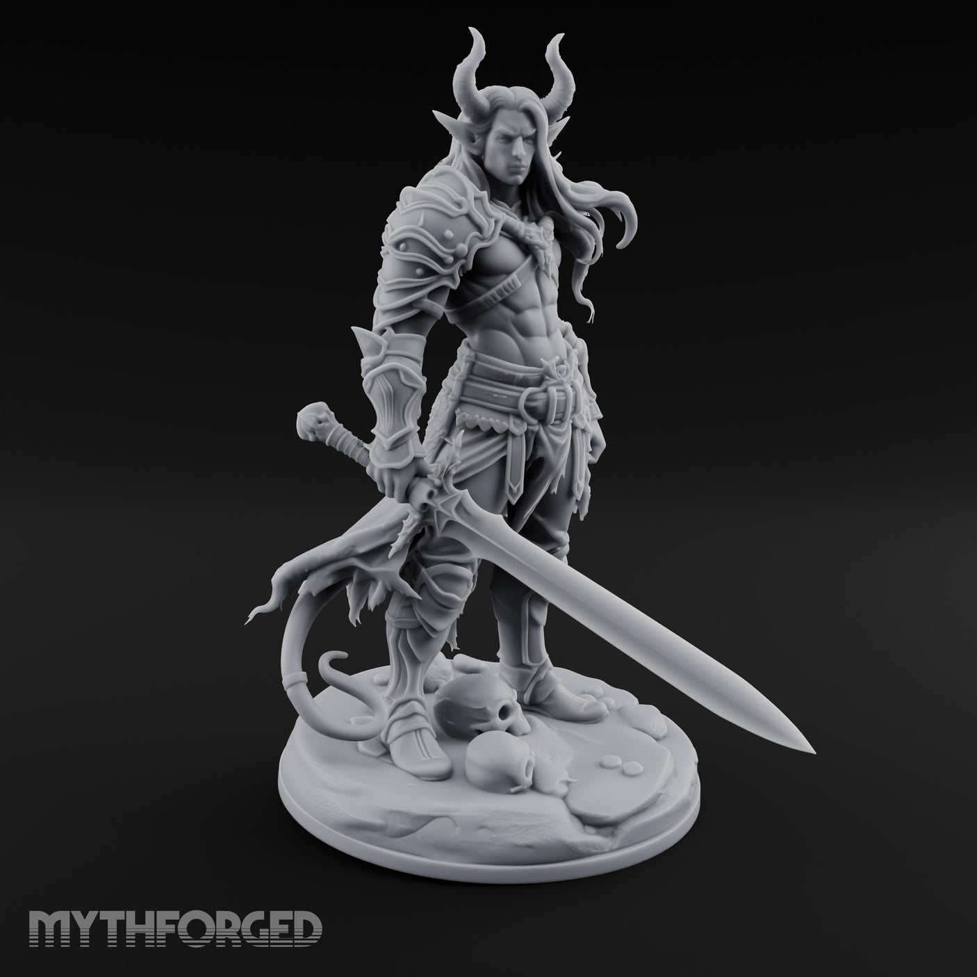 Sword Lowered Skulls Underfoot Demon Warrior Miniature for Dungeons and Dragons, Pathfinder or other TTRPGs