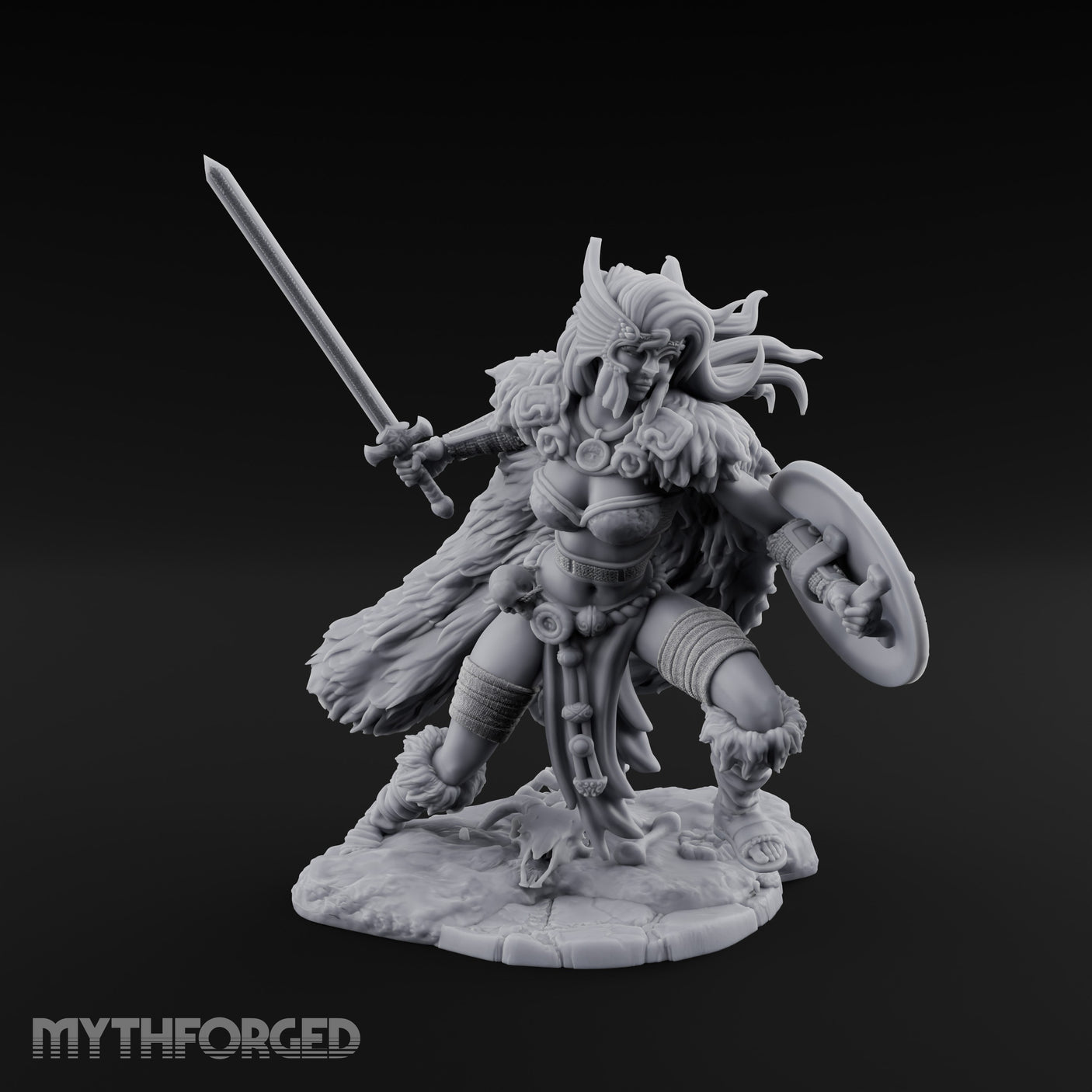 Sword Raised Shield Braced Human Barbarian Miniature for Dungeons and Dragons, Pathfinder or other TTRPGs