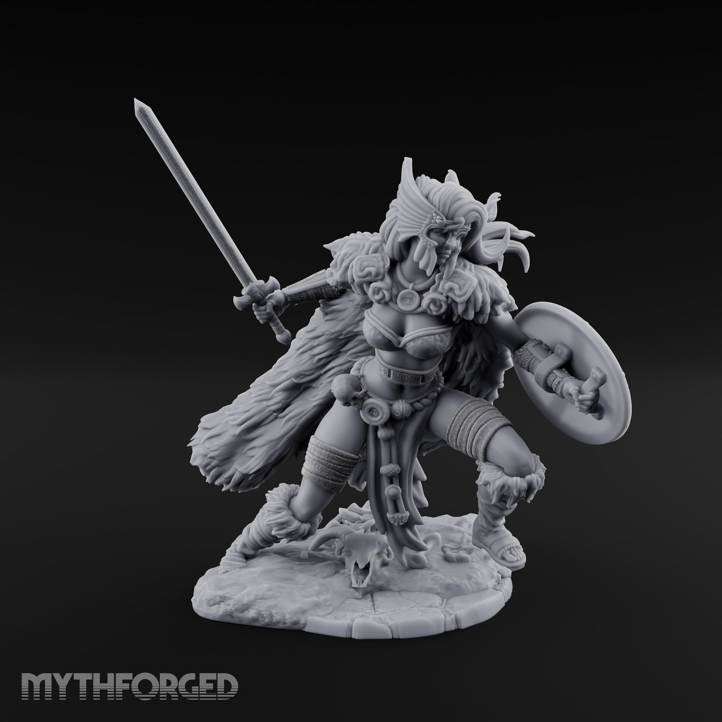 Sword Raised Shield Braced Human Barbarian Miniature for Dungeons and Dragons, Pathfinder or other TTRPGs