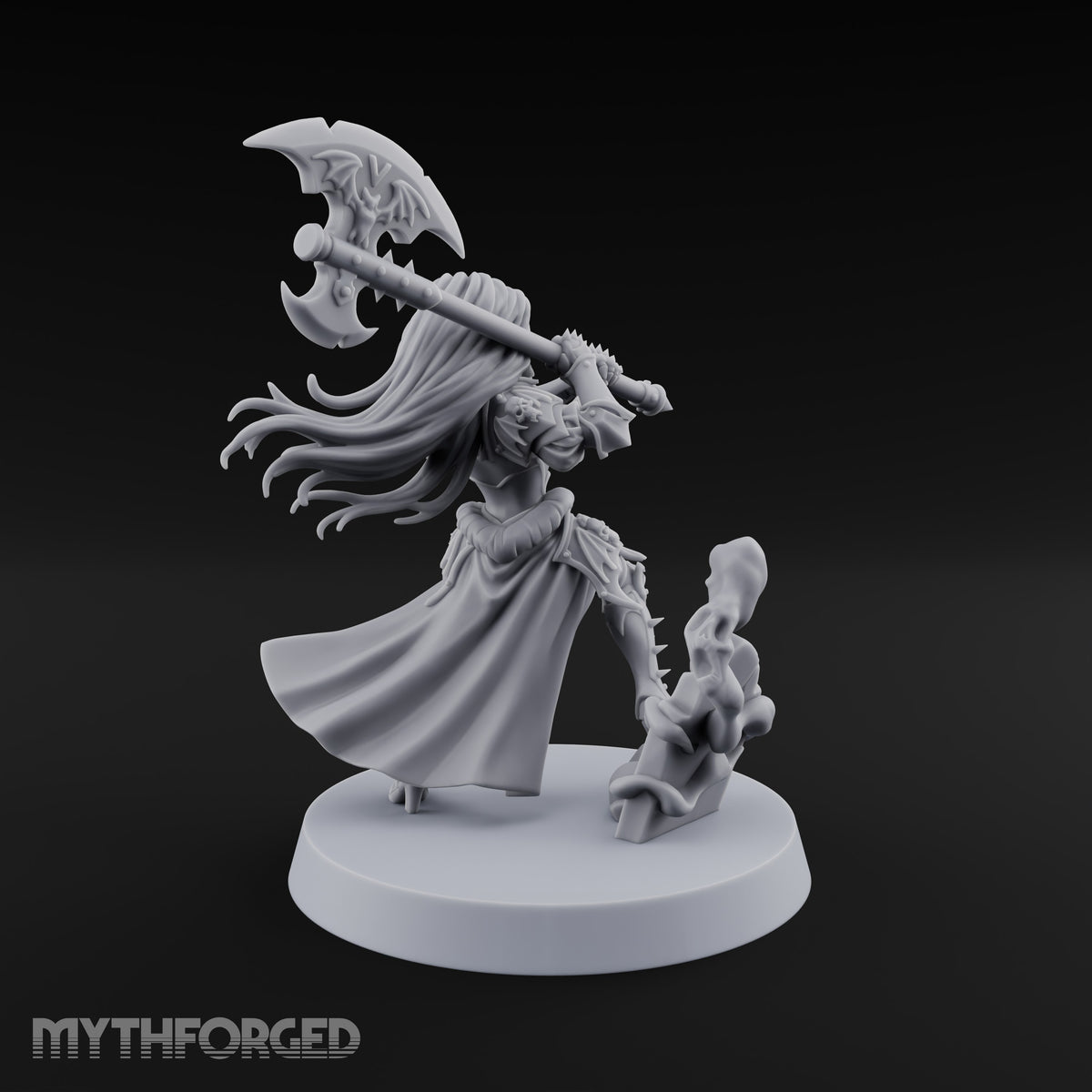 Fangs Out, Hair Flying Vampire Female Lord with Bat-Winged Axe