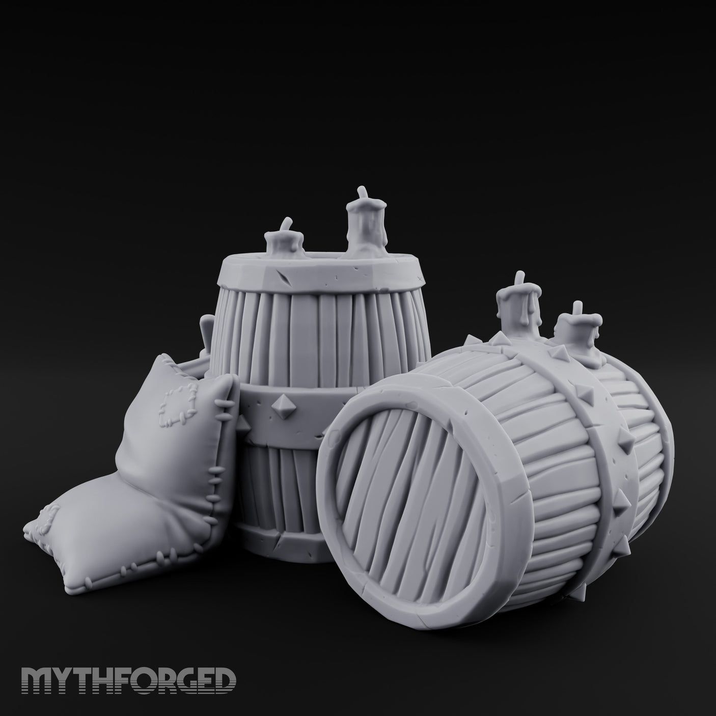 Tap-Plugged Sack-Leaning Barrel and Sack Set Miniature for Dungeons and Dragons, Pathfinder or other TTRPGs