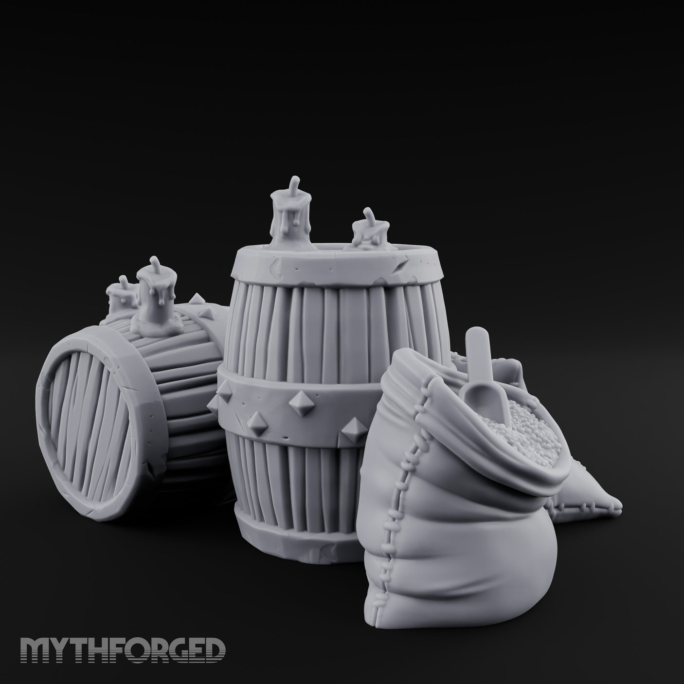 Tap-Plugged Sack-Leaning Barrel and Sack Set Miniature for Dungeons and Dragons, Pathfinder or other TTRPGs
