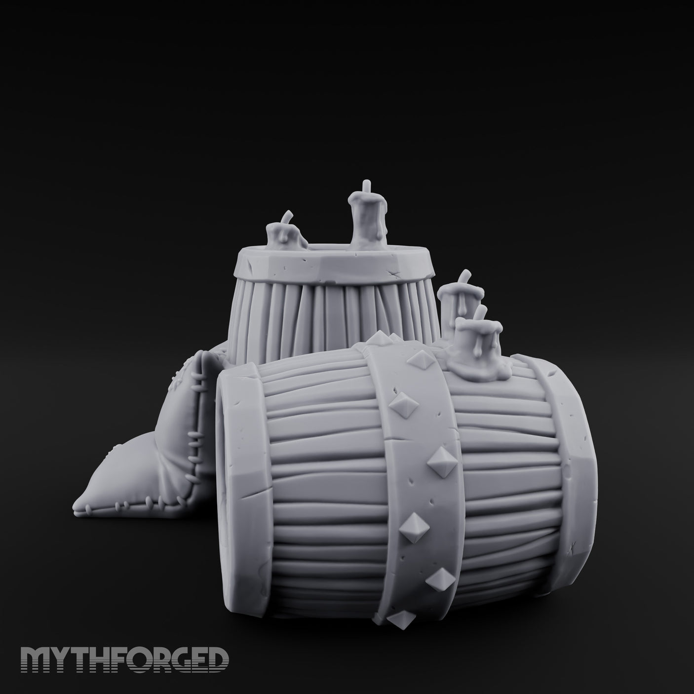 Tap-Plugged Sack-Leaning Barrel and Sack Set Miniature for Dungeons and Dragons, Pathfinder or other TTRPGs