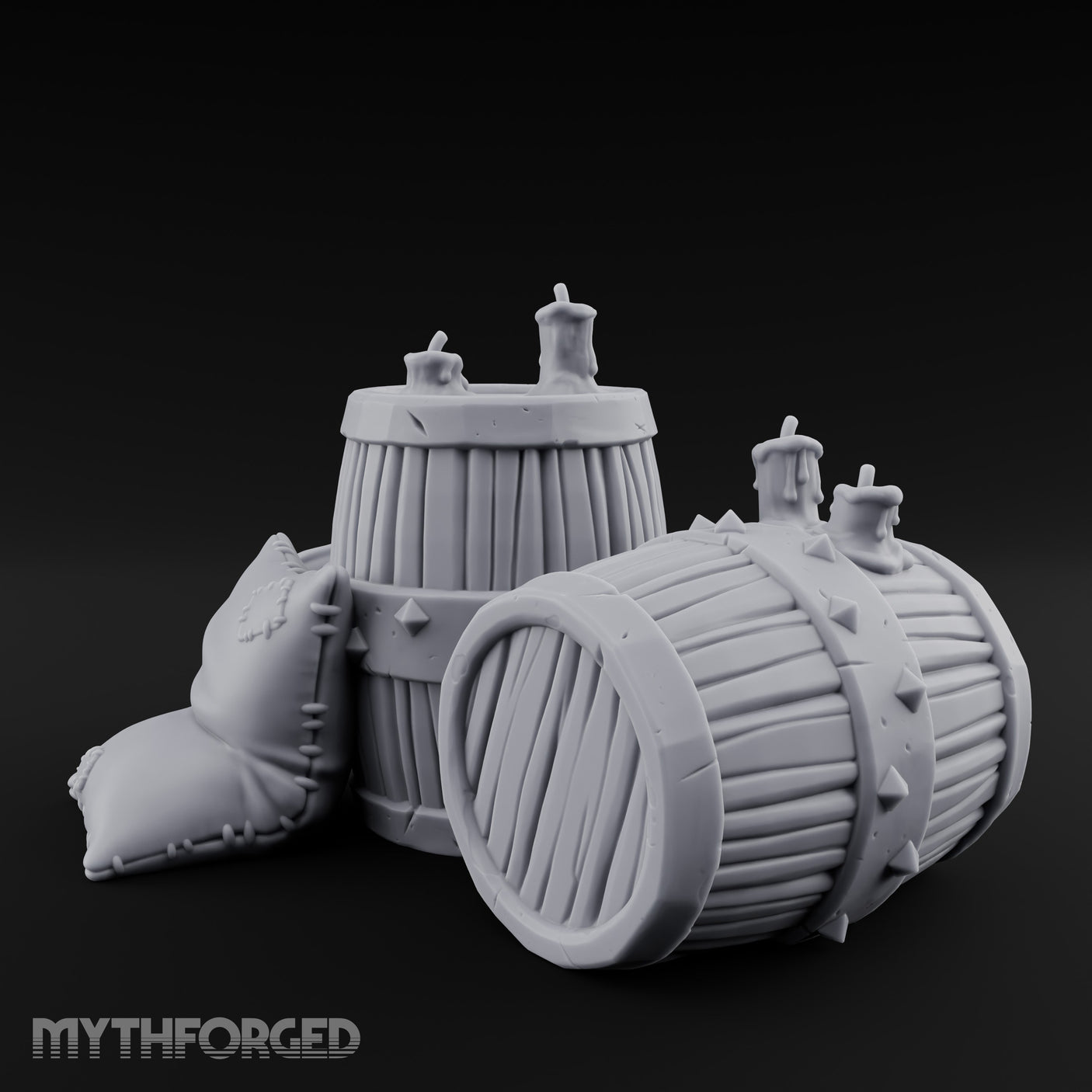 Tap-Plugged Sack-Leaning Barrel and Sack Set Miniature for Dungeons and Dragons, Pathfinder or other TTRPGs
