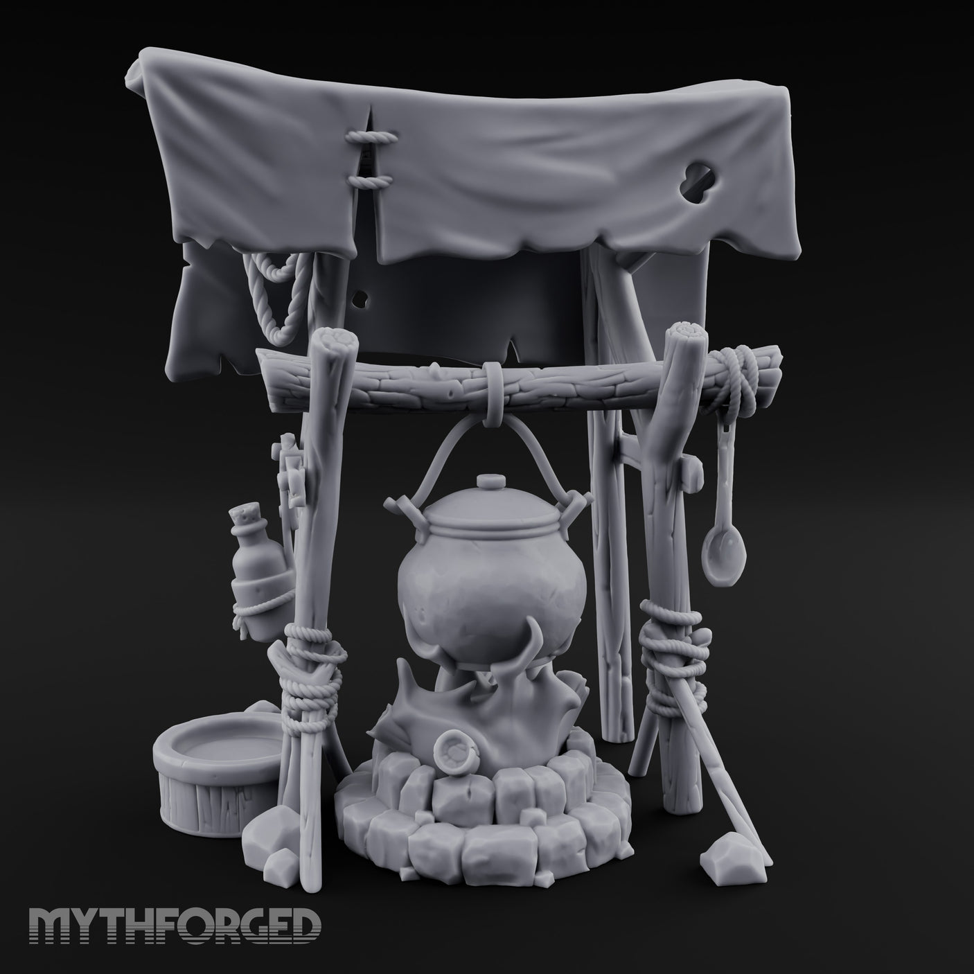 Tarp-Sheltered Ladle-Hung Camp Cooking Station Miniature for Dungeons and Dragons, Pathfinder or other TTRPGs