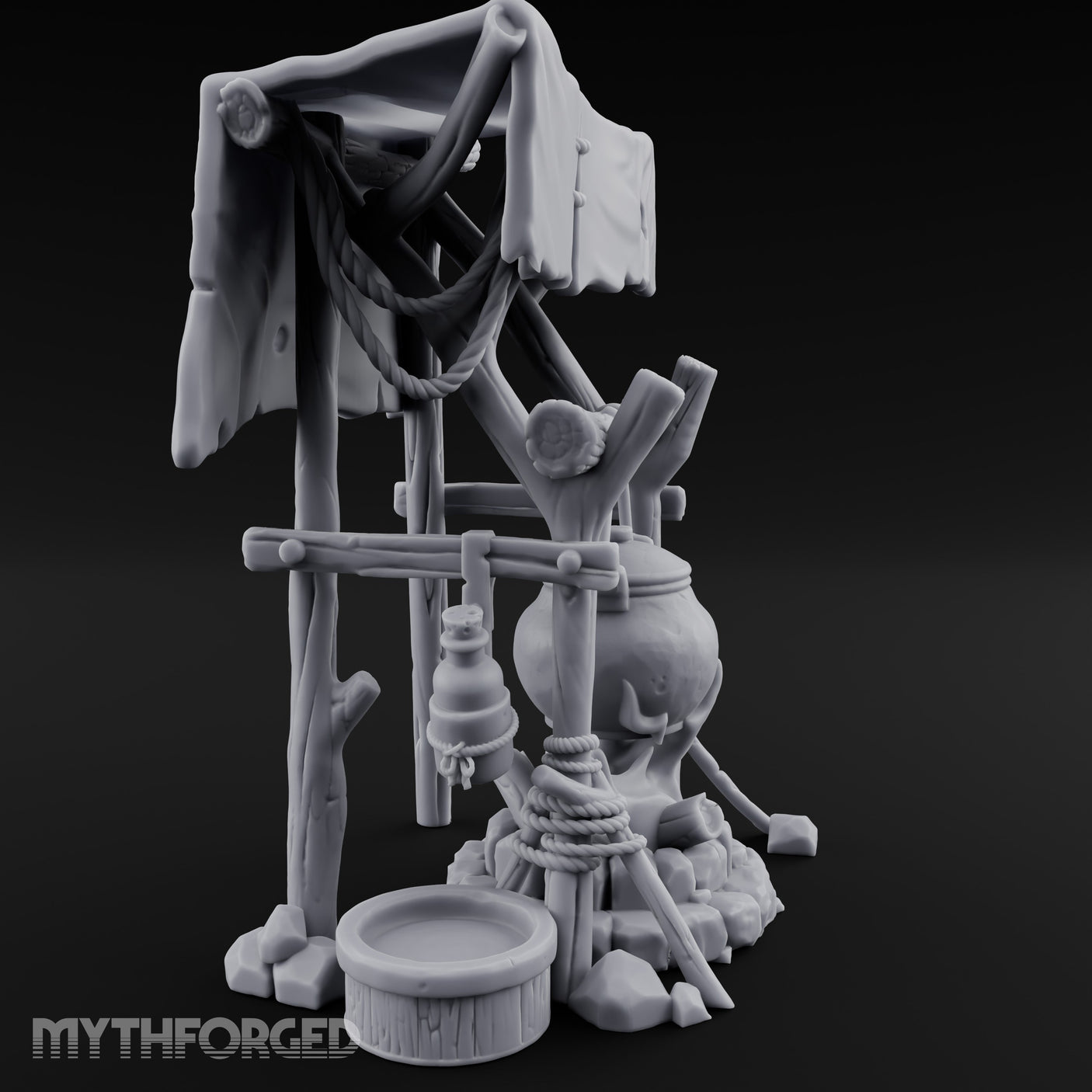 Tarp-Sheltered Ladle-Hung Camp Cooking Station Miniature for Dungeons and Dragons, Pathfinder or other TTRPGs