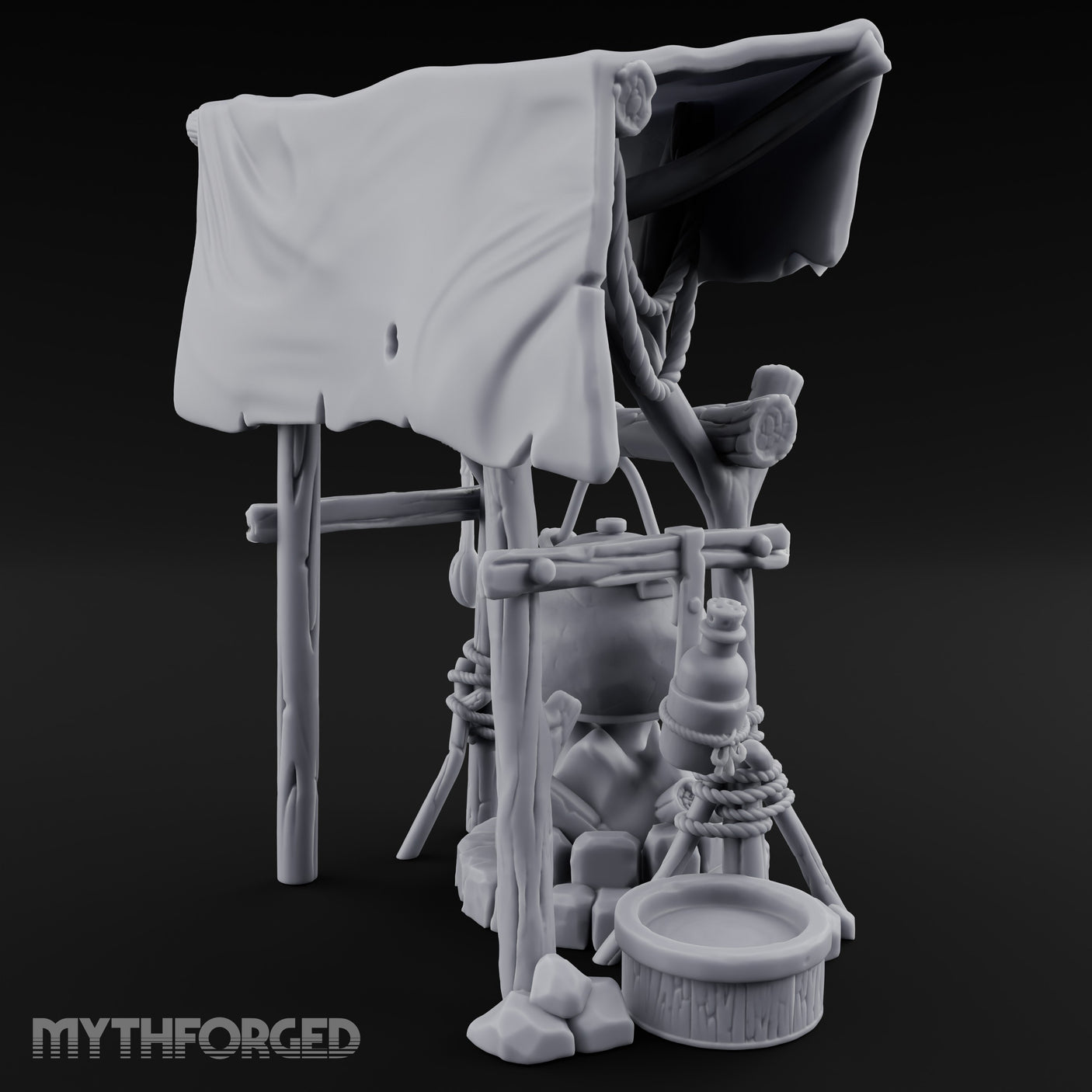 Tarp-Sheltered Ladle-Hung Camp Cooking Station Miniature for Dungeons and Dragons, Pathfinder or other TTRPGs