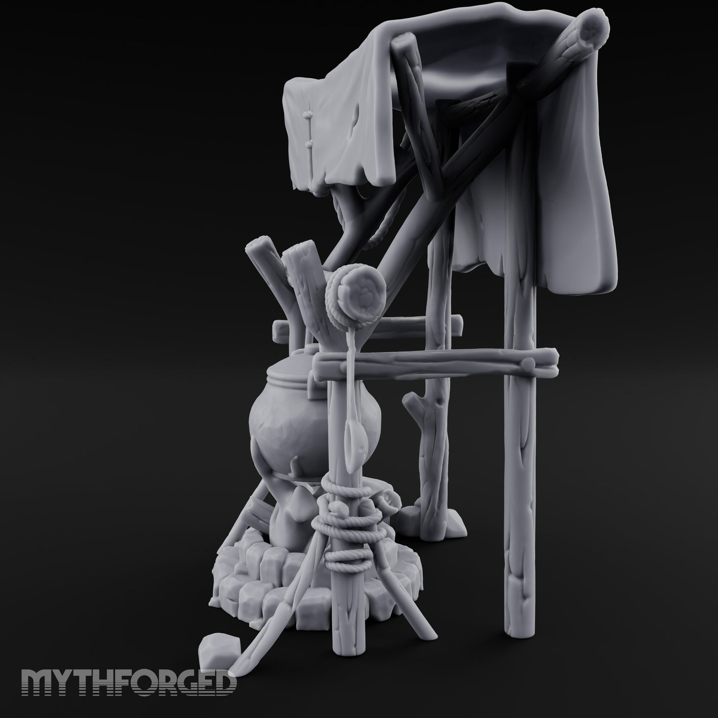 Tarp-Sheltered Ladle-Hung Camp Cooking Station Miniature for Dungeons and Dragons, Pathfinder or other TTRPGs