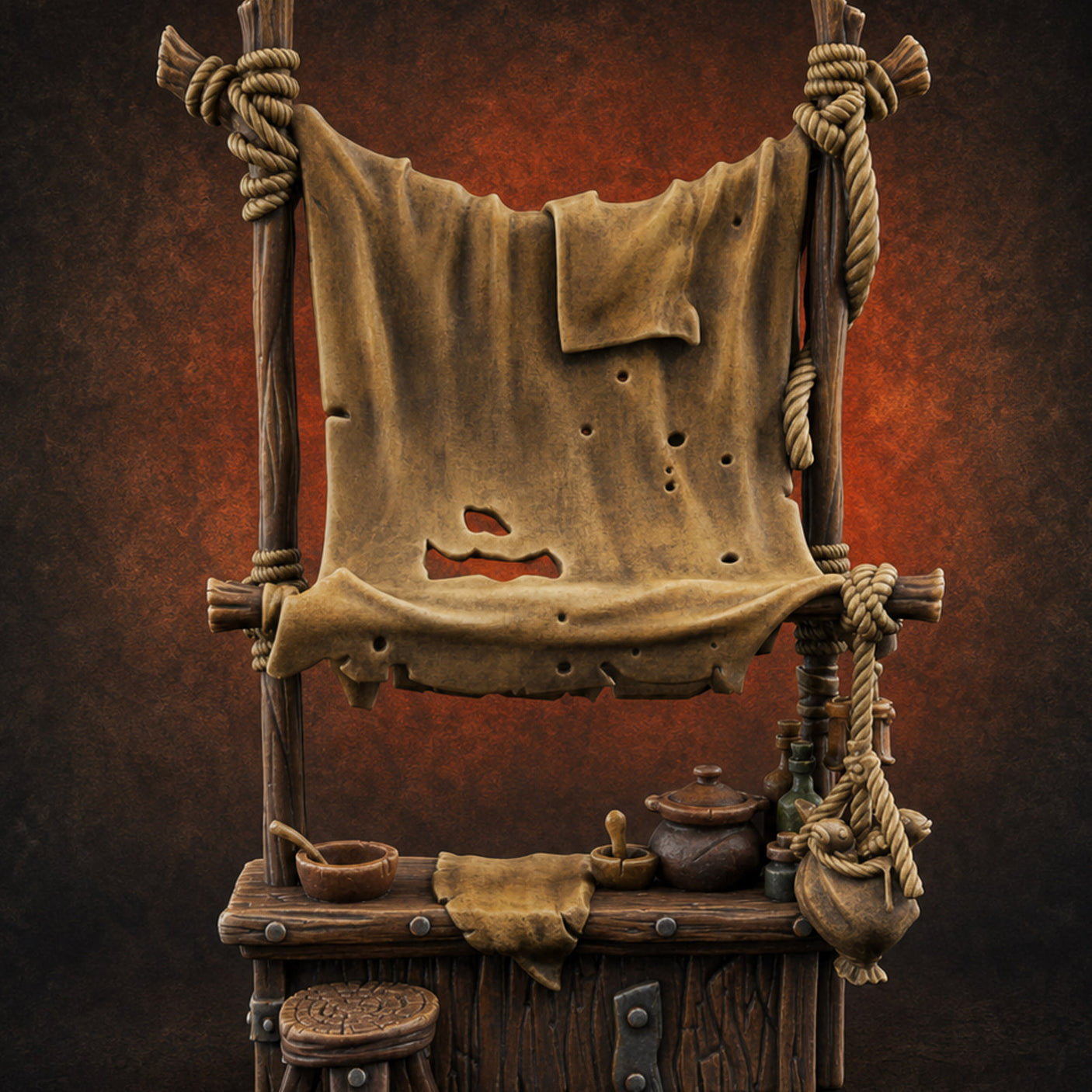 Tattered-Awning Pot-Hung Market Herbalist Stall — painted concept preview (miniature supplied unpainted)