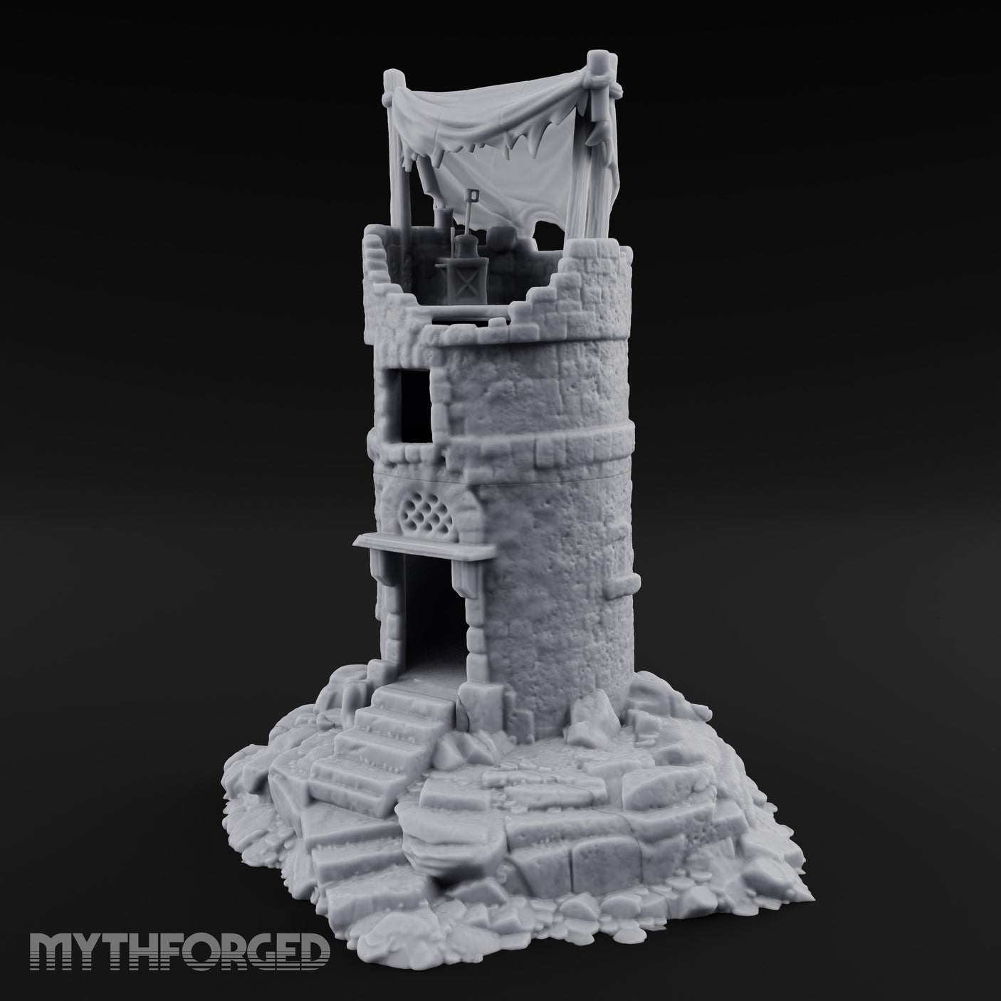 Tattered-Canopy Stair-Stepped Ruined Castle Tower Miniature for Dungeons and Dragons, Pathfinder or other TTRPGs