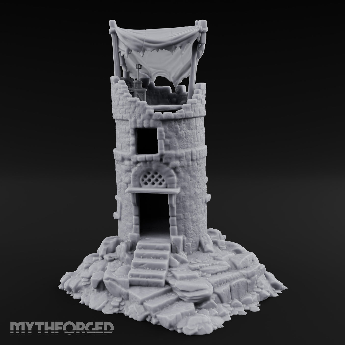 Tattered-Canopy Stair-Stepped Ruined Castle Tower Miniature for Dungeons and Dragons, Pathfinder or other TTRPGs