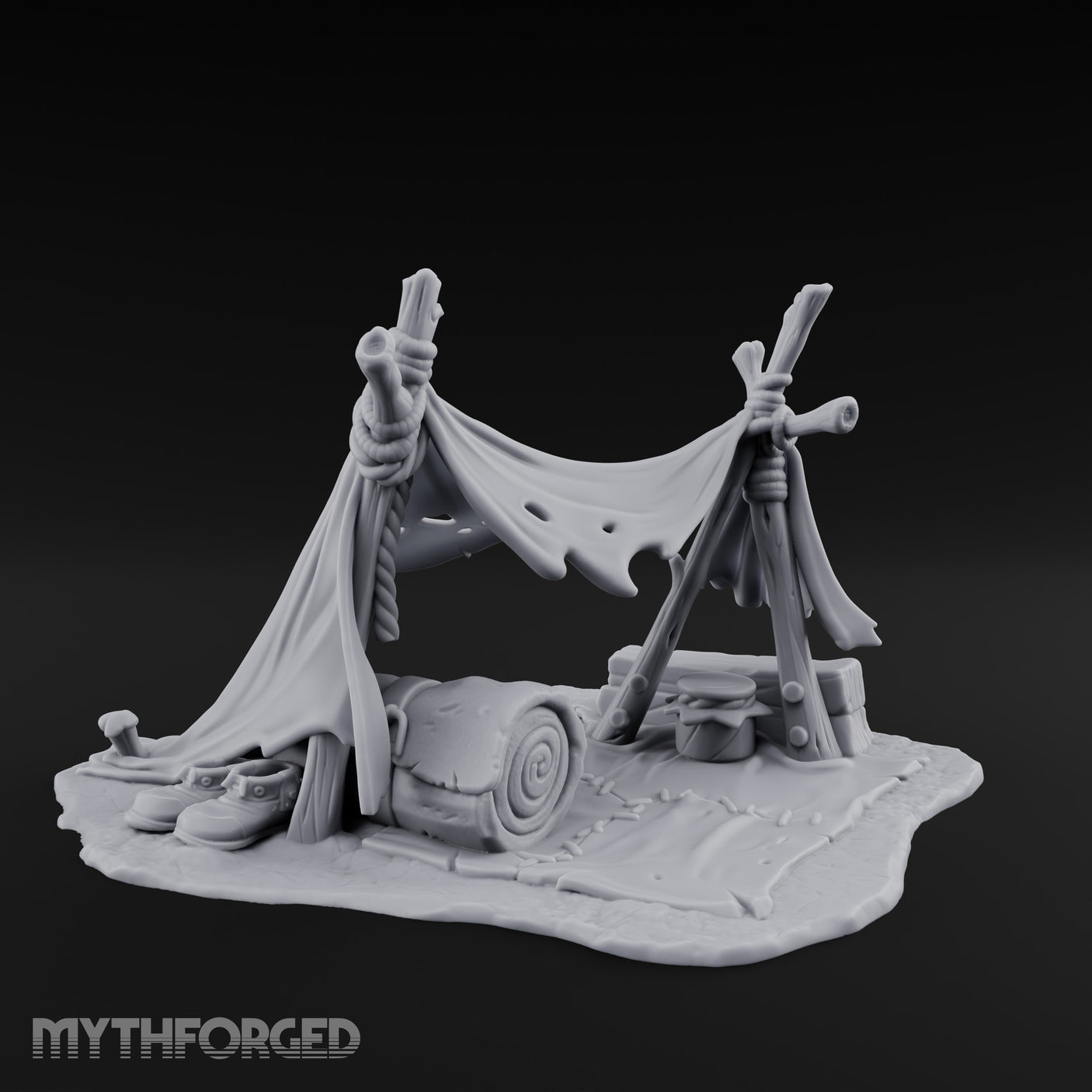 Tattered-Canvas Bedroll-Strewn Adventurer's Lean-To Camp Miniature for Dungeons and Dragons, Pathfinder or other TTRPGs